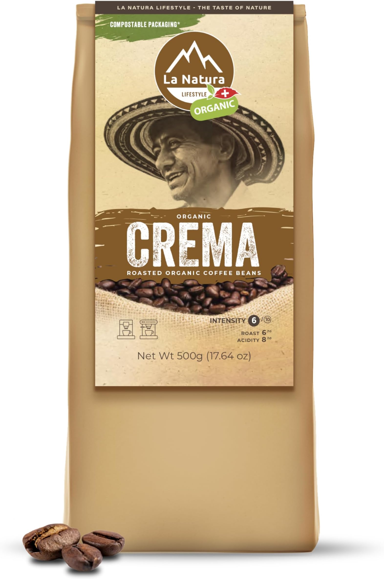 La Natura LIFESTYLEOrganic Crema Coffee Beans - Slow Roasted to Perfection - Compostable Packaging - Certified Organic - Dark Roast Arabica Beans - 1.1 Pound Bag