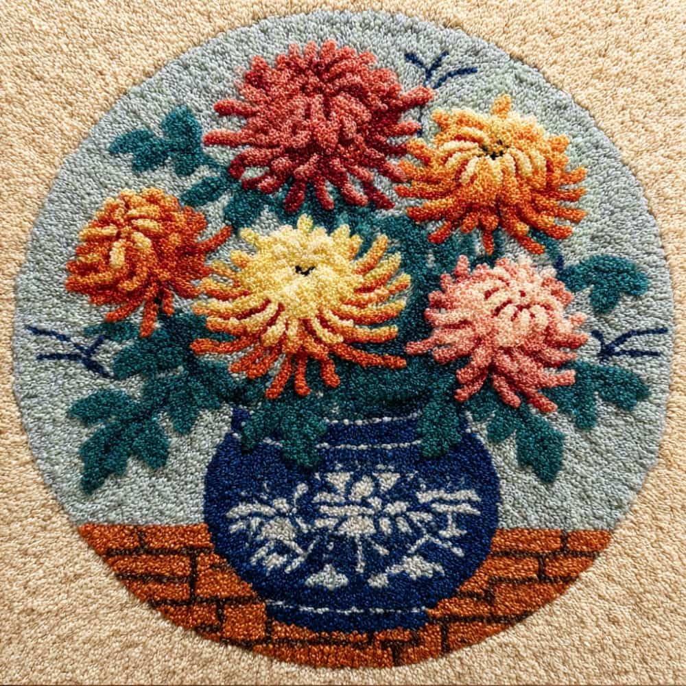 kitphoenix Round Shape Latch Hook Kits Rug Chrysanthemum DIY Cushion Rug Carpet Making Crochet Hook Kits Preprinted Pattern Canvas Cushion Yarn Hooking Kits Mat Kits 50X50Cm