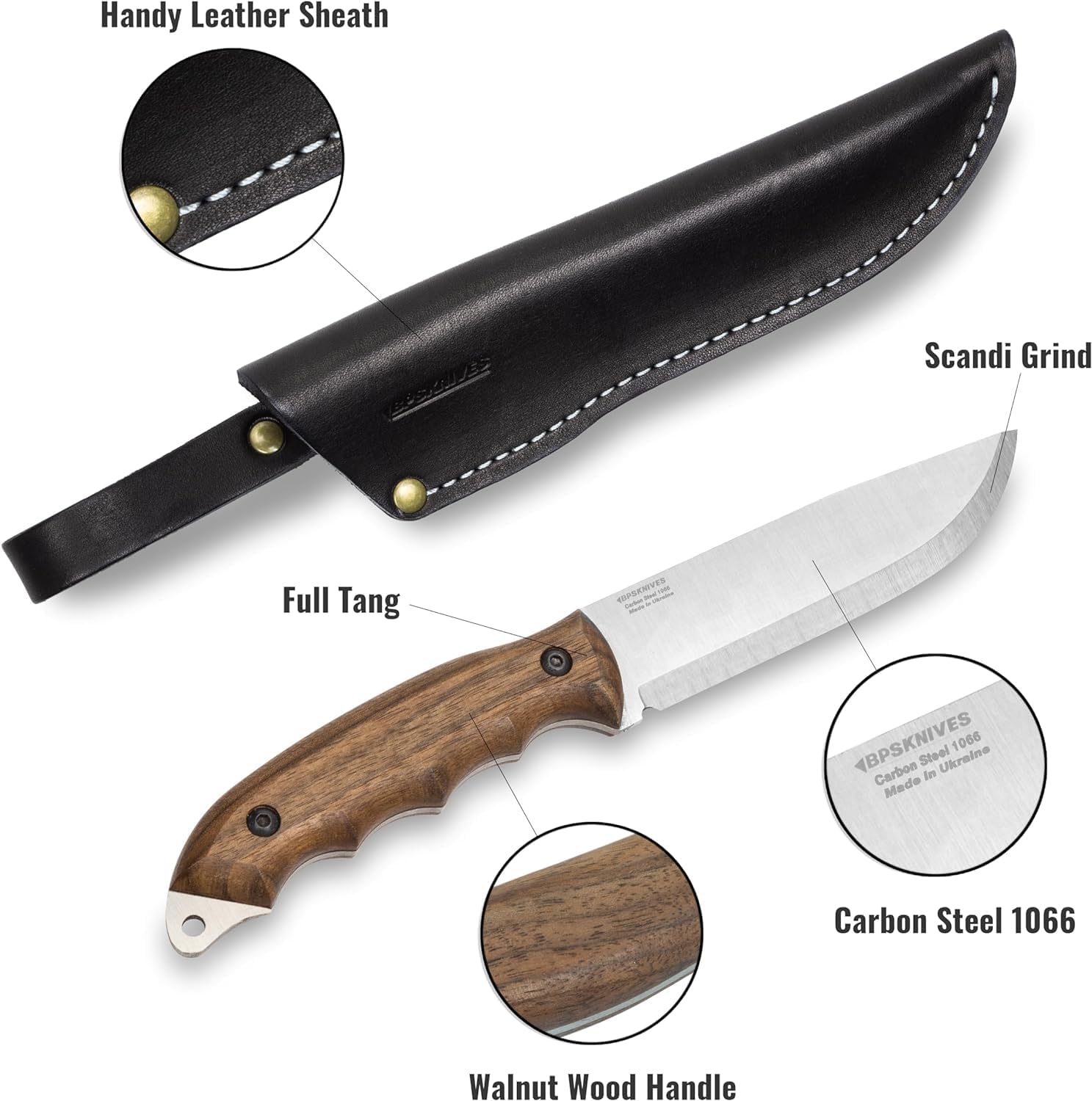BPSKNIVES HK5 CSH - Left-Handed Knife - Camping Full-Tang Knife with Leather Sheath - Survival Tactical Knives - Camp Fixed-Blade Carbon Steel Knives - Scandinavian Sharpening
