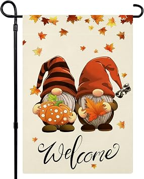 Fall Garden Flag Double Sided, Welcome Gnomes Fall Flag Yard Flag for Seasonal Outdoor Decoration 12x18 Inch