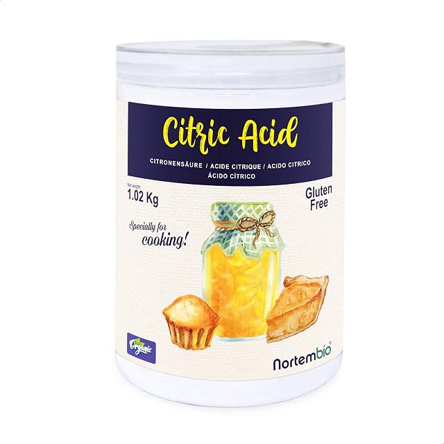 Nortembio Organic Anhydrous Citric Acid 1.02 Kg. Food Grade, 100% Pure. Acidulant and Preservative for Cooking and Confectionery. Special for Lemonade and Jams. Recipes E-Book Included.