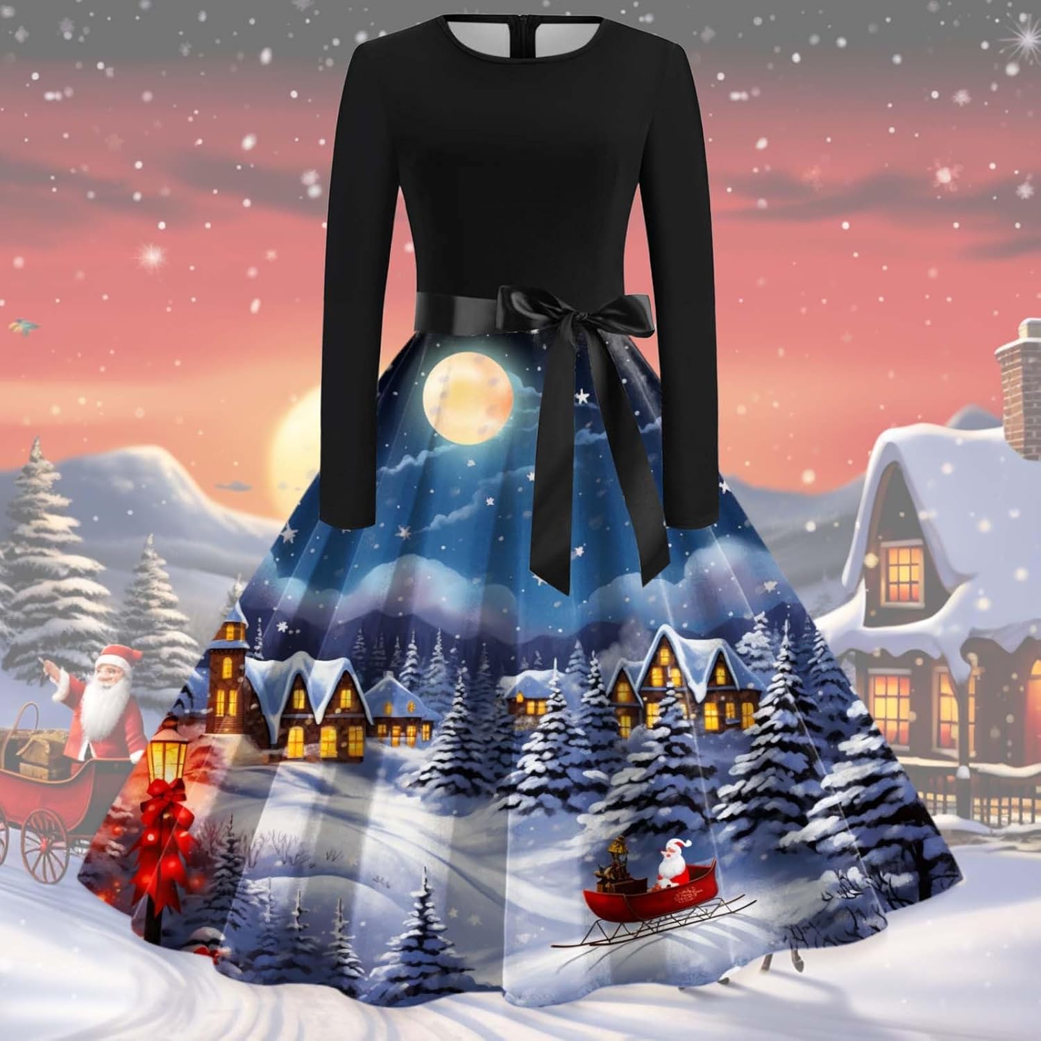 Kukoyo] クリスマス レディースドレス サンタ 雪だるま プリント 