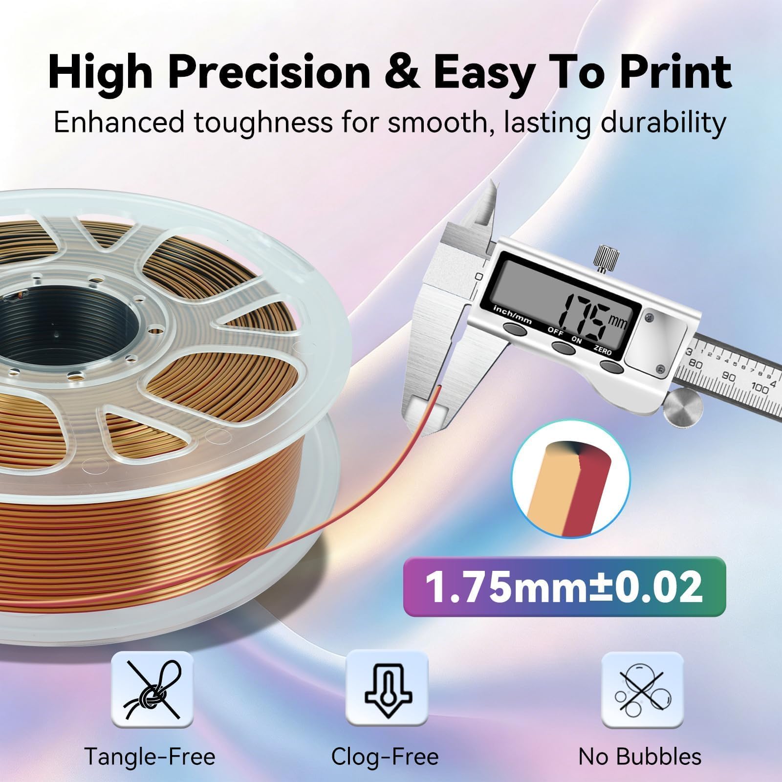 Kingroon Filamento PLA para impresora 3D, filamento PLA de seda de triple color, precisión dimensional +/- 0.03 mm, carrete de 2.2 libras (2.2 libras), 1.75 mm, dorado fucsia negro