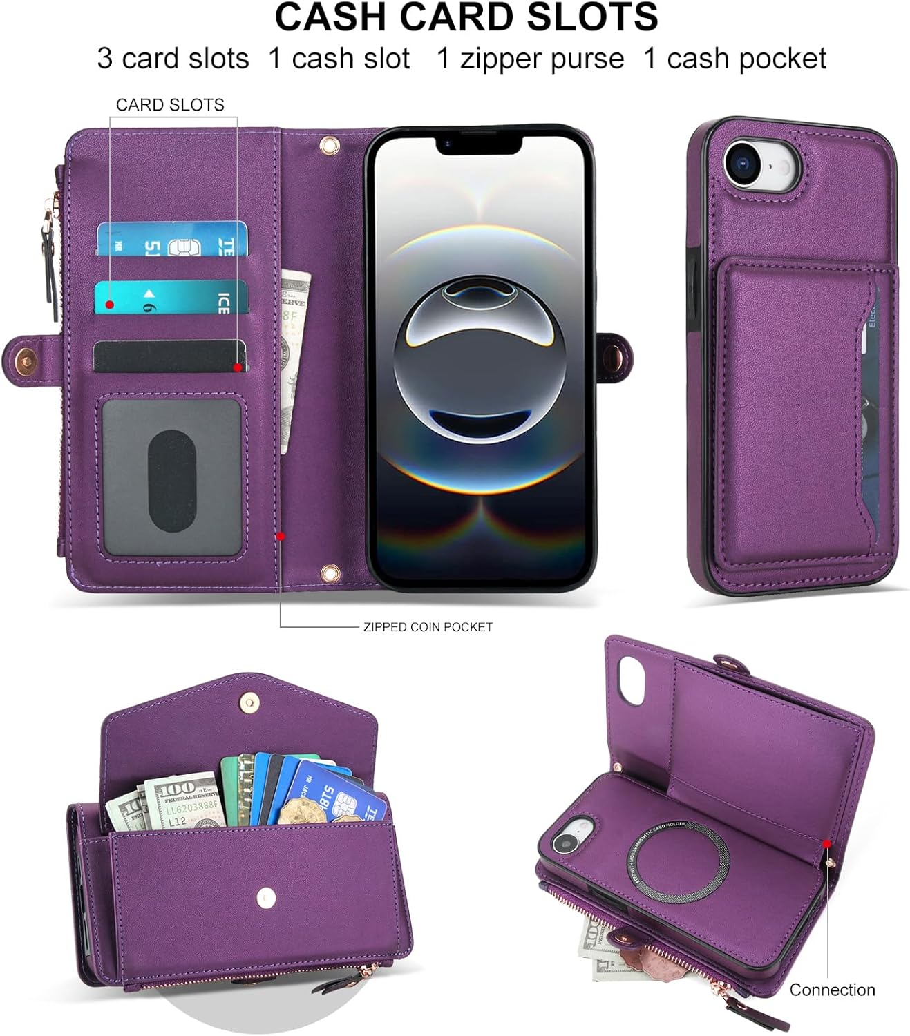 Phone Case for iPhone 16e/SE 2025/SE 4 Wallet Cover Compatible with RFID Screen Protector Crossbody Lanyard Strap Flip Card Holder Slot Cell i Phone16e i16e 16 e SE4 4th Generation 16eCase Dark Purple