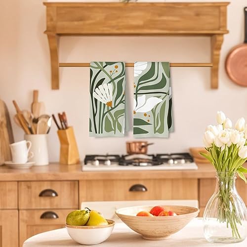 Miniatura 2 de Juego de 2 paños de cocina abstractos bohemios con diseño floral verde salvia, estilo retro de los años 70, estilo botánico, para decoración de