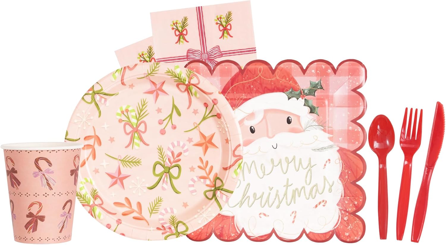 140 PCS Christmas Santa & Mistletoe Pink Decoration Dinnerware Set, Xmas Plates Disposable Party Set, Tablecloths 9" & 7" Plates Cups Napkins Xmas Tableware For Home,Dinner,Picnic,Holiday