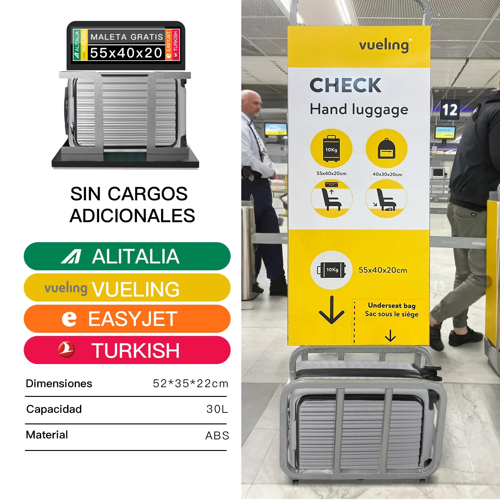 Maleta de Cabina 52x35x20cm,ABS Material Trolley Rígida Expandible, con Ruedas giratorias Desmontables,Cerradura combinación,Ideal como Equipaje de Mano para Iberia, Vueling o Easyjet