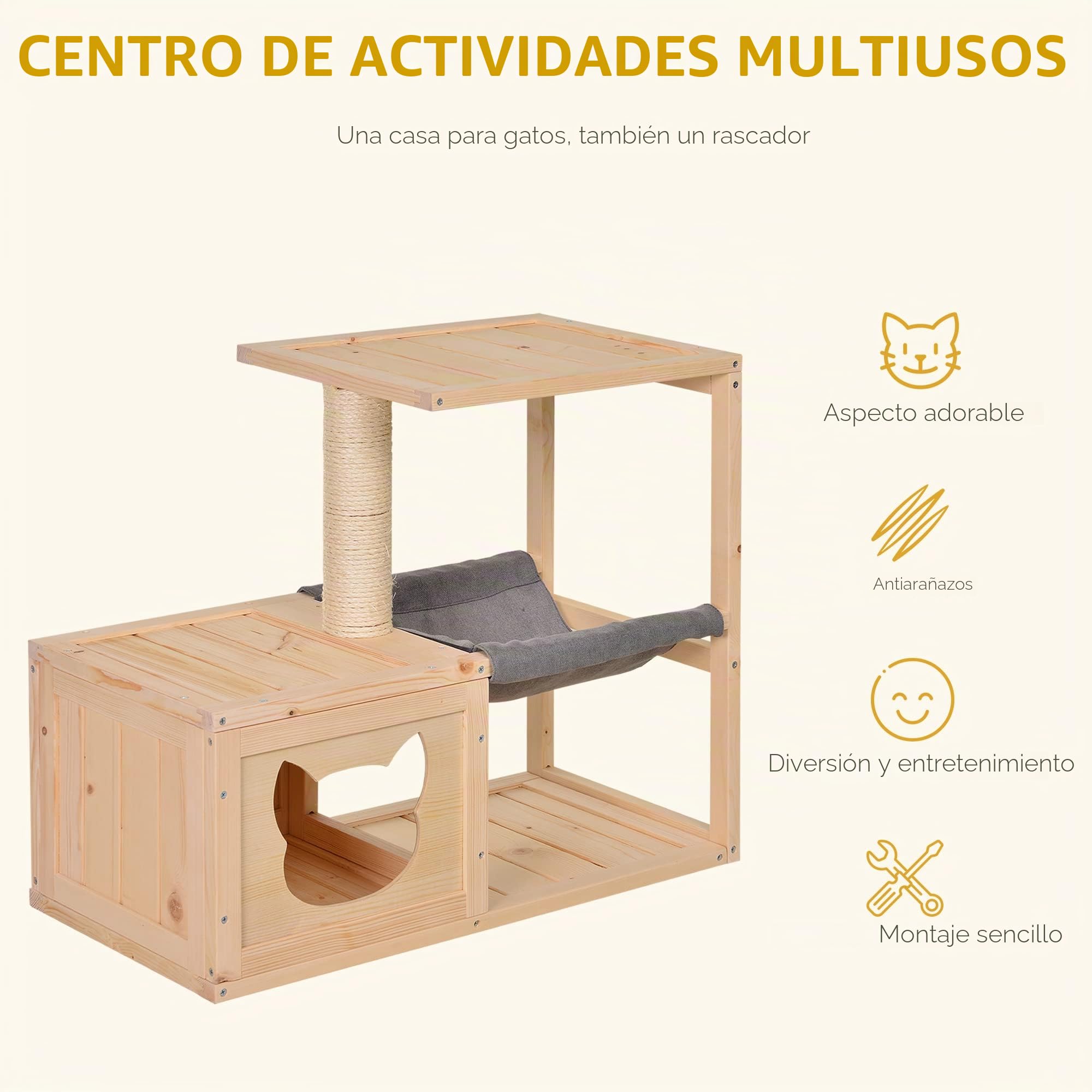 PawHut casa para Gatos con Hamaca, Caja para Gatos con Tronco de sisal, Cueva para Gatos, árbol para Gatos, Centro de Actividades para Gatos, Madera de Abeto, Natural, 70 x 35 x 60 cm