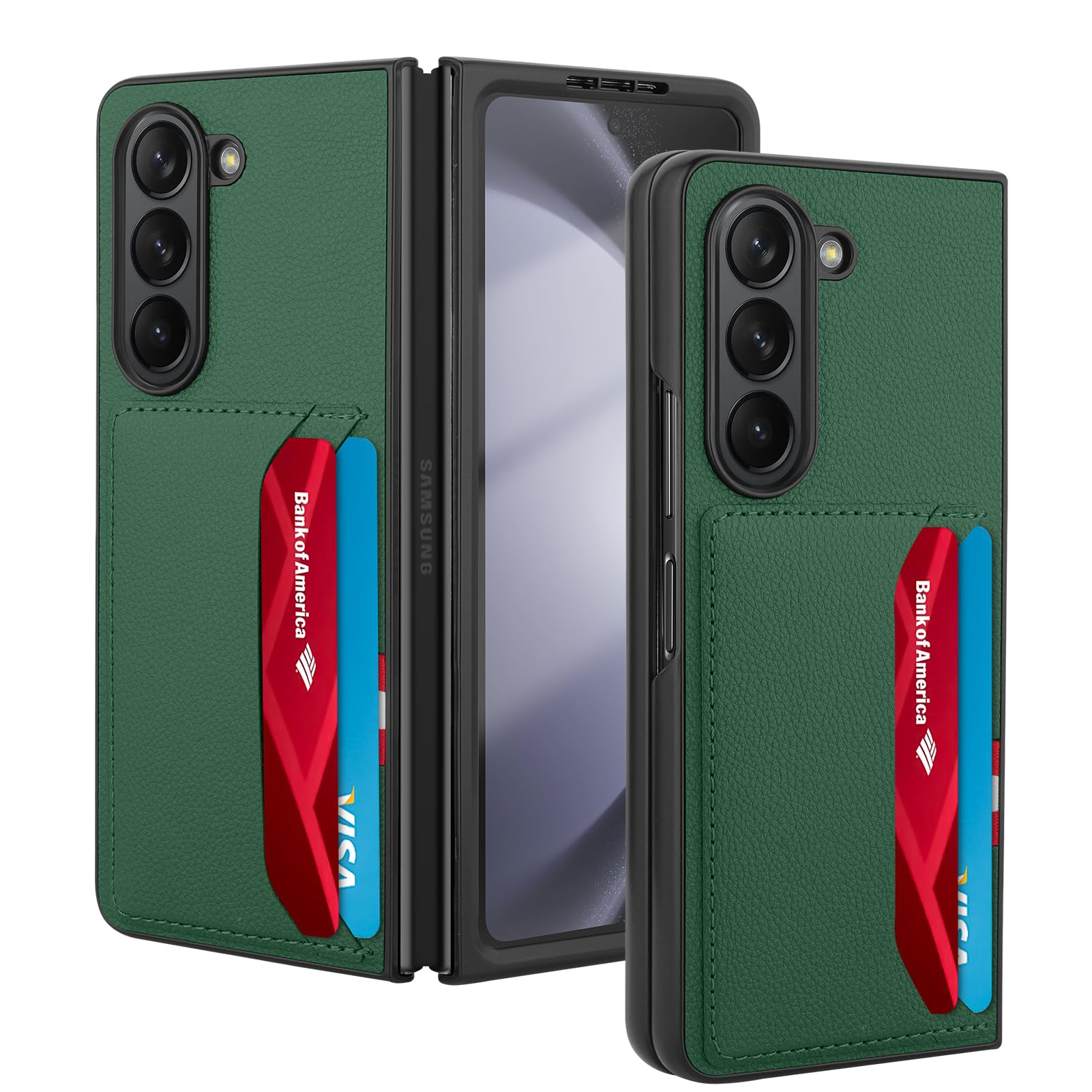 PIGLULOO Phone Case Compatible for Samsung Galaxy Z Fold5, Green Card Slot Wallet Case, Built in Screen Protector Camera Lens Protection Anti Protective Scratch Leather Slim Designed