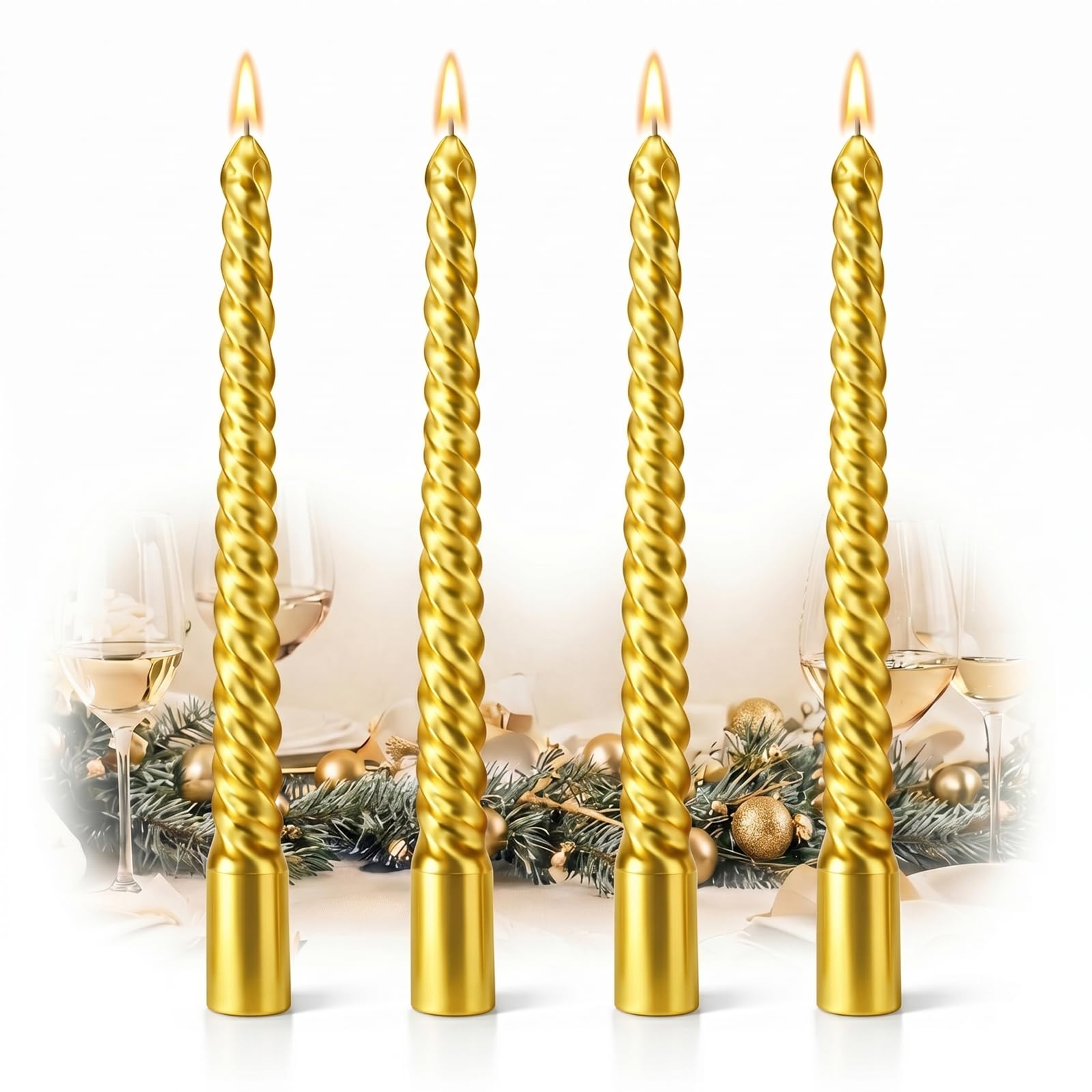 Elegant Gold Spiral Candles for Dining Tables and Festive Events - Long 10 Inch Taper Candles with Anti-Drip Formula, Set of 4 for Wedding Christmas Birthday Party Home Decoration, Twisted
