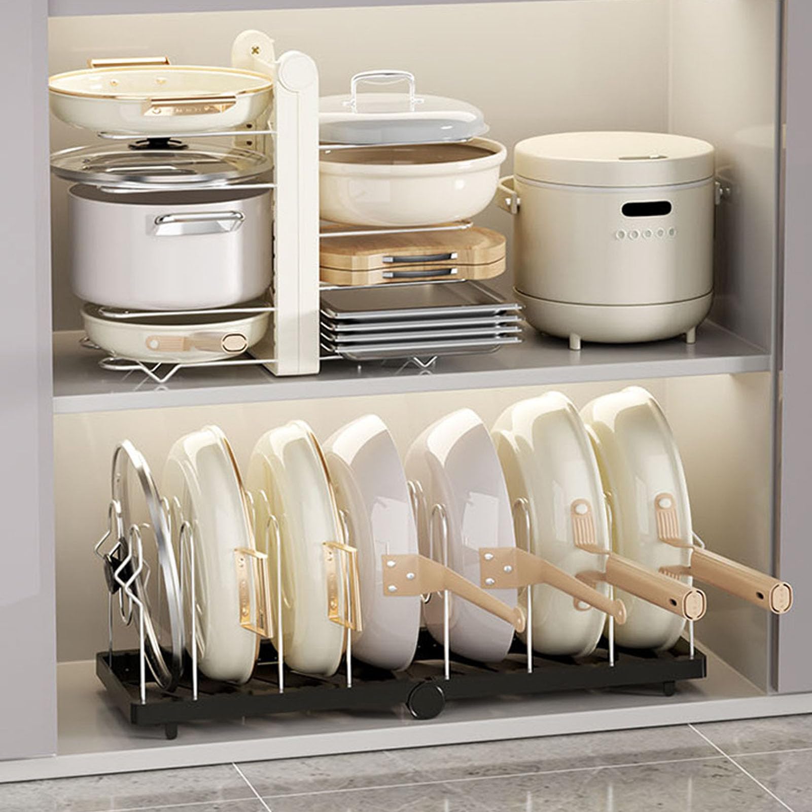 Topf und Pfannen Organizer Erweiterbar mit 8 Verstellbaren (WHITE)