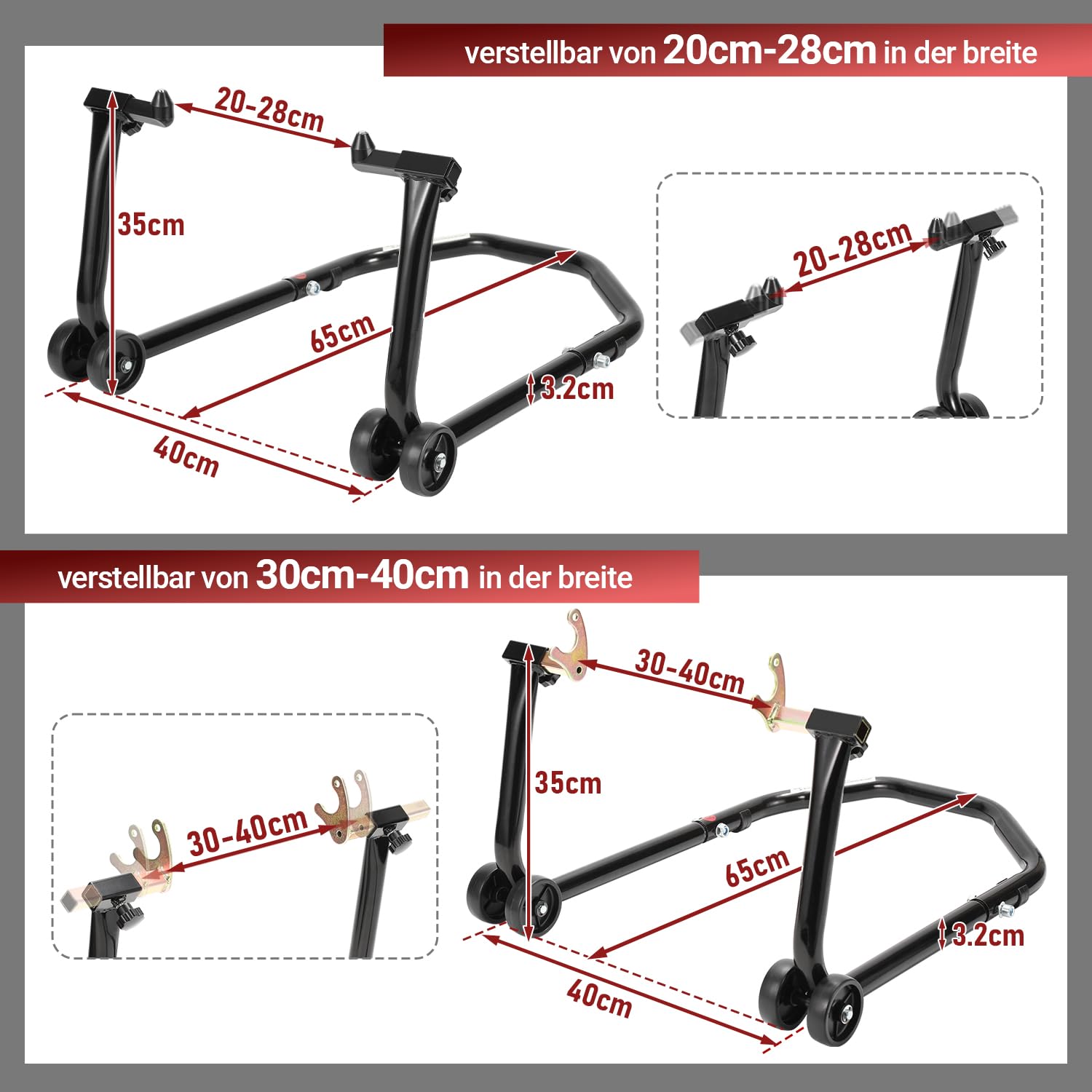 Set di supporti per moto anteriore e posteriore, supporto per moto con 4 ruote, piattaforma elevatrice per moto, stabilità, capacità di carico fino a 300 kg (Nero)