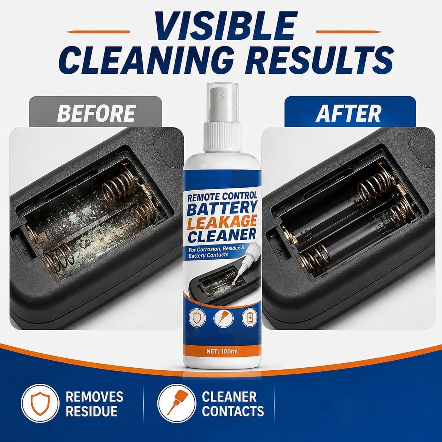 Battery Leakage Cleaner Spray for Remote Contacts, Battery Terminal Spray 100ml, Electrical Contact Cleaner, Safe for Battery Contacts, Deep Clean and Protect，2pcs