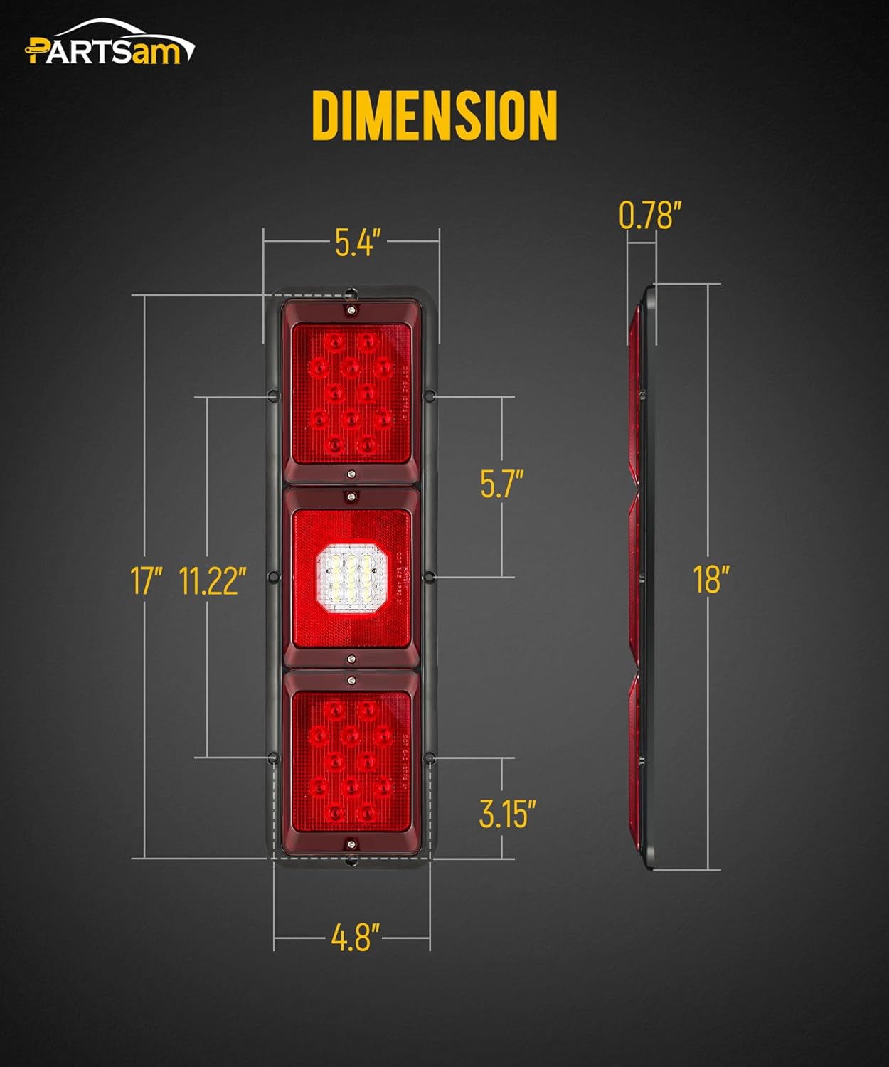 Partsam 2x LED Triple Tail Lights Rectangle Vertical Mount 40 LEDs Trailers Trucks Campers RVs Stop Turn Backup Reverse Tail Lights w Gasket Black Base Red/Clear Lens 12V