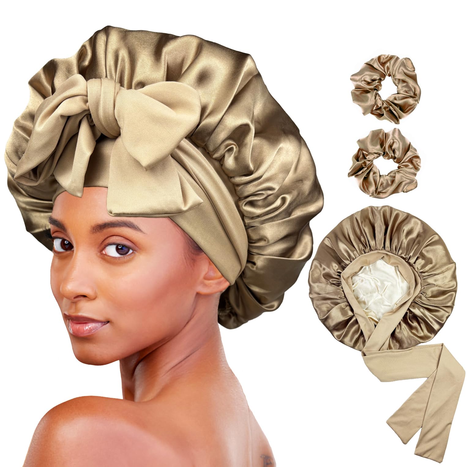 Satin Bonnet for Sleeping Silk Hair Bonnet for Sleeping Women Double Layer Silk Hair Wrap Sleep Bonnet Satin Bonnets for Curly Hair and Braids (
