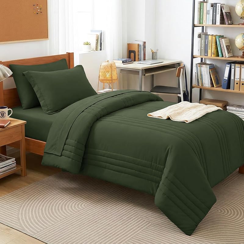 Twin XL Comforter Set Olive Green - 5 Pieces Complete Bedding Set | College Dorm Essentials, OEKO-TEX Certified, 240GSM Down-Alternative Comforter, 14" Deep-Pocket Sheets, Sham & Pillowcase