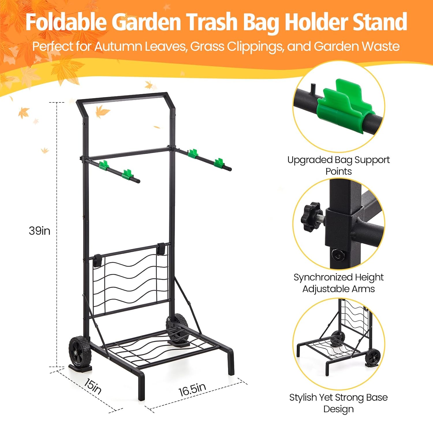Foldable Leaf Bag Holder, Mobile Trash Bag Holder Stand with Removable Arms and Dual Fixing Design, Adjustable 30-45 Gallon Portable Lawn Bag Cart for Yard Cleanup, Gardening, Leaves, Camping, Parties - Image 2