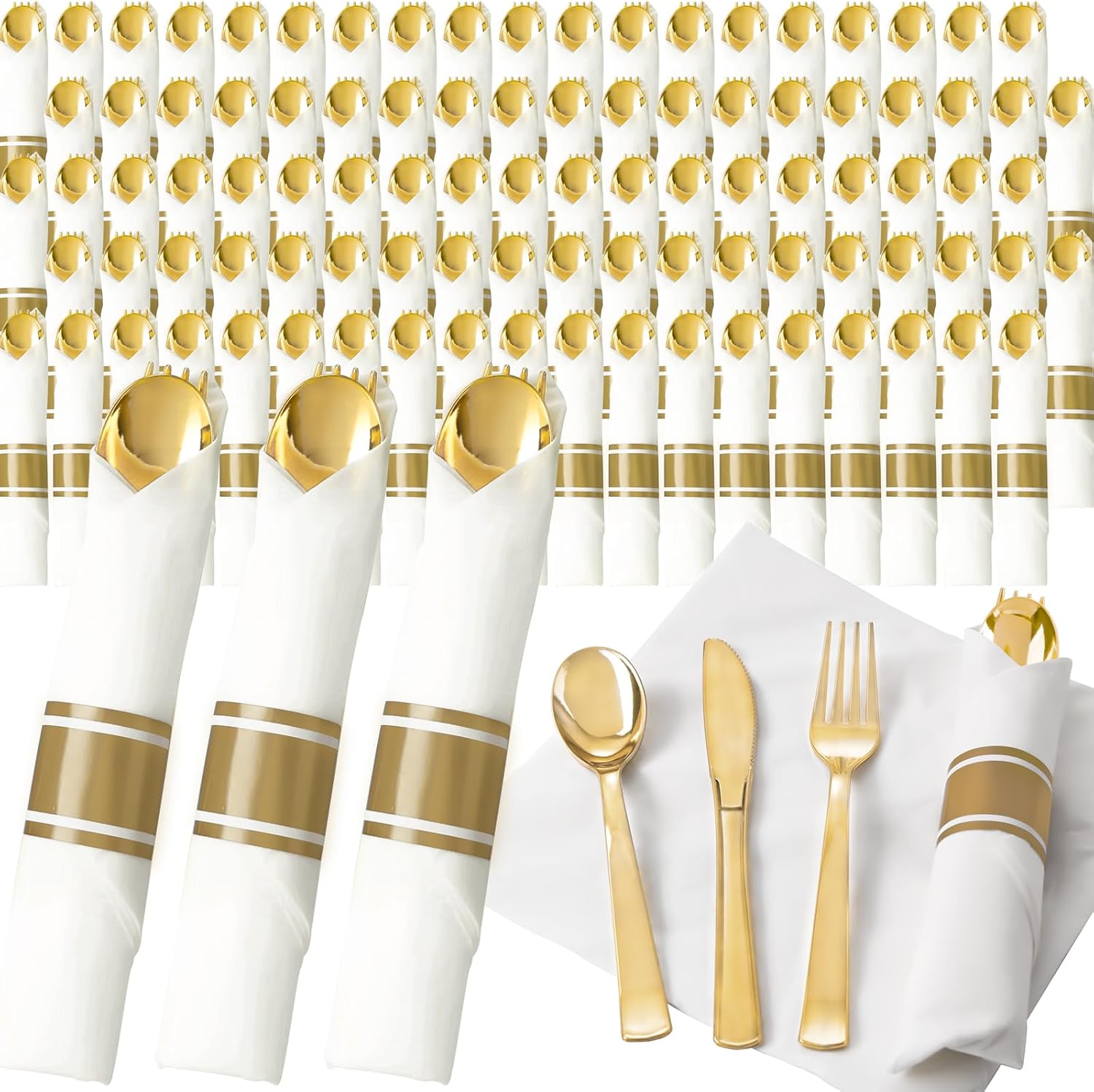200Guests Pre Rolled Gold Plastic Silverware Sets - Heavy Duty Gold Cutlery - Include 200 Pack Wrapped Disposable Utensils with Napkins for Parties & Dinners & Weddings 200Pack - Gold
