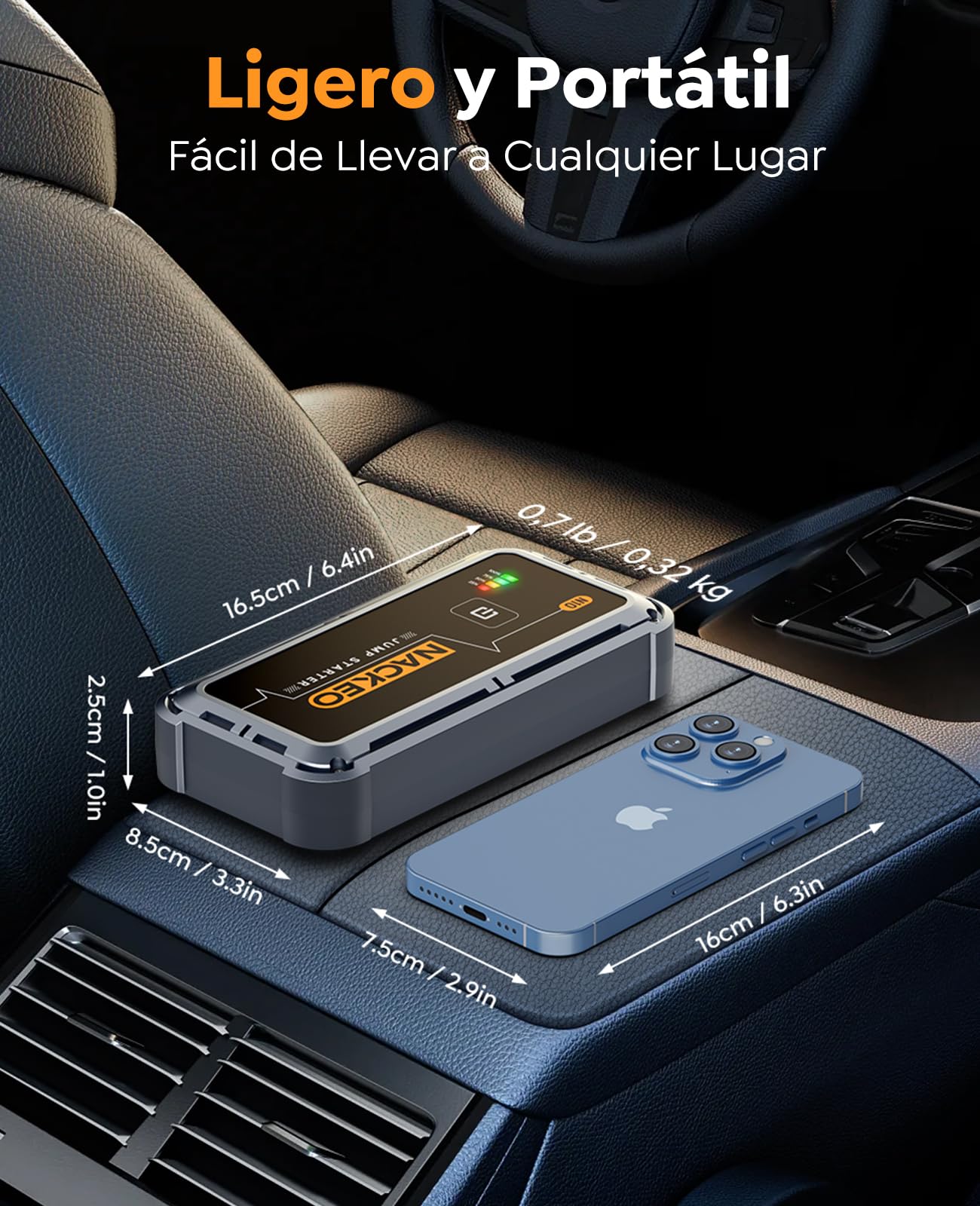 Arrancador de Coches, 5000A Arrancador de Baterias de Coche 12V (para 9.0L de Gasolina o 8.5L de Diésel), Jump Starter Portátil con Pinzas, Carga Rápida, Luz LED, Espera Larga, Compacto (5000A)