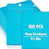 Geyee 100 Pcs Clasp Manilla Envelopes 9 x 12 Inch Gummed Colored Envelopes for Storing or Mailing for Home Office Business Supplies(Lake Blue)