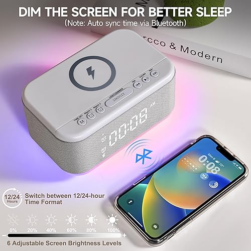 Miniatura 3 de Reloj despertador con altavoz cargador inalámbrico, despertador digital para dormitorios, Bluetooth, reloj despertador, luz regulable, para