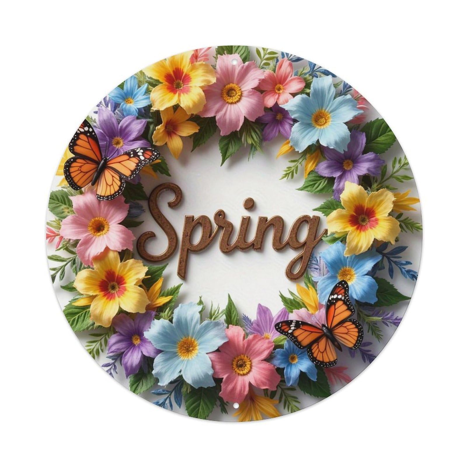 Spring Floral Wreath With Butterflies Round Tin Sign Vintage Metal Sign Home Bar Garden Indoor & Outdoor Wall Decor Retro Metal Poster 8x8 Inch