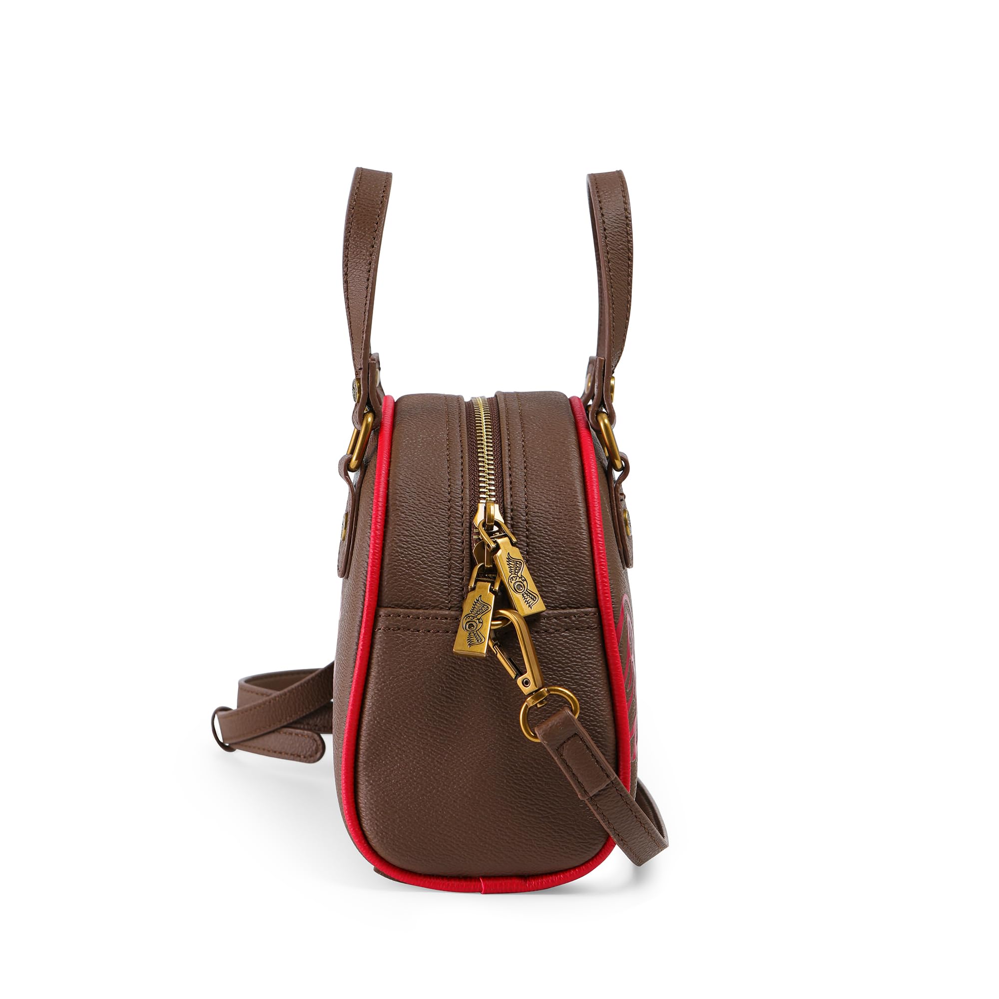 Von Dutch Womens Two Tone Bowling Bag Purse - Stylish Women's Handbag with Adjustable Strap, Spacious Interior, and Iconic Logo Design (Dark Brown and Red)