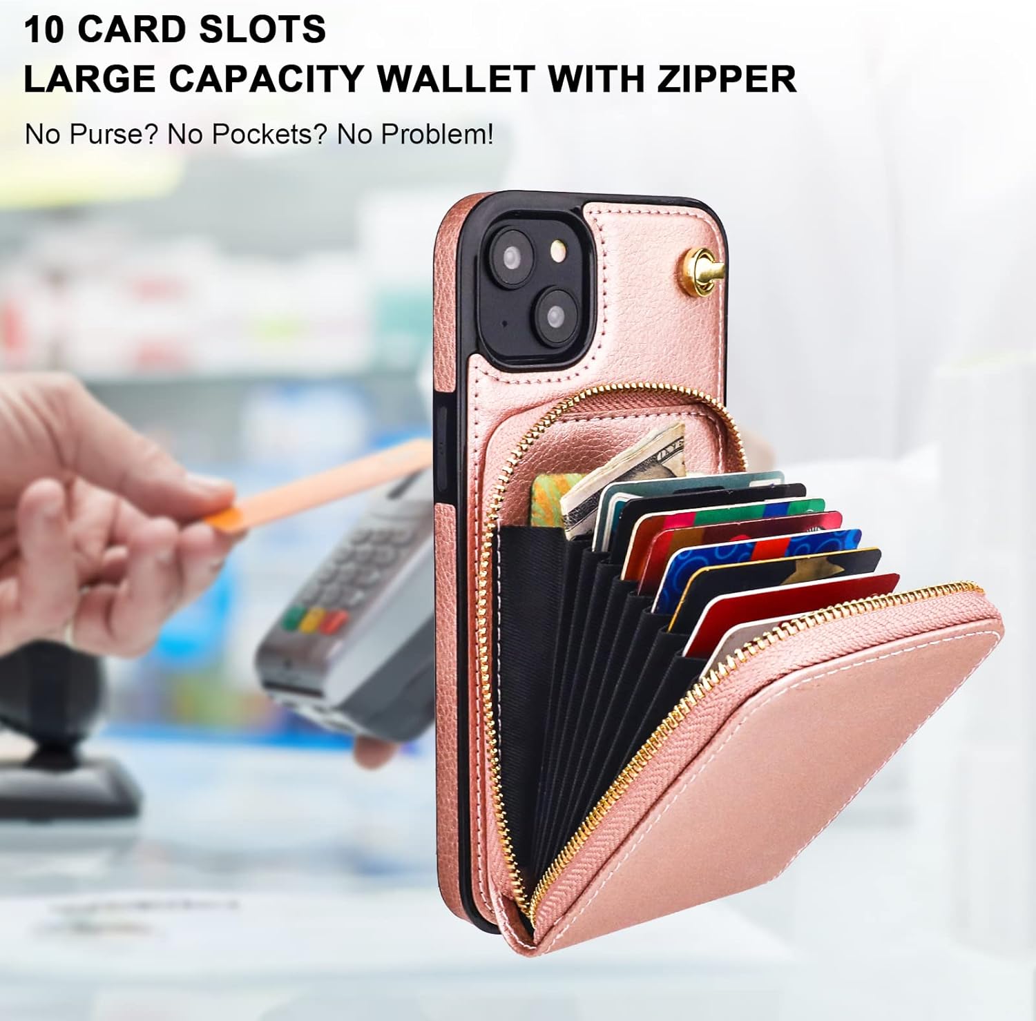 KIHUWEY Crossbody Wallet Case for iPhone 14 Plus, Zipper Pocket Case with Card Holder, PU Leather RFID Blocking Protective Cover Case with Kickstand Detachable Wrist Strap Lanyard 6.7" (Rose Gold)