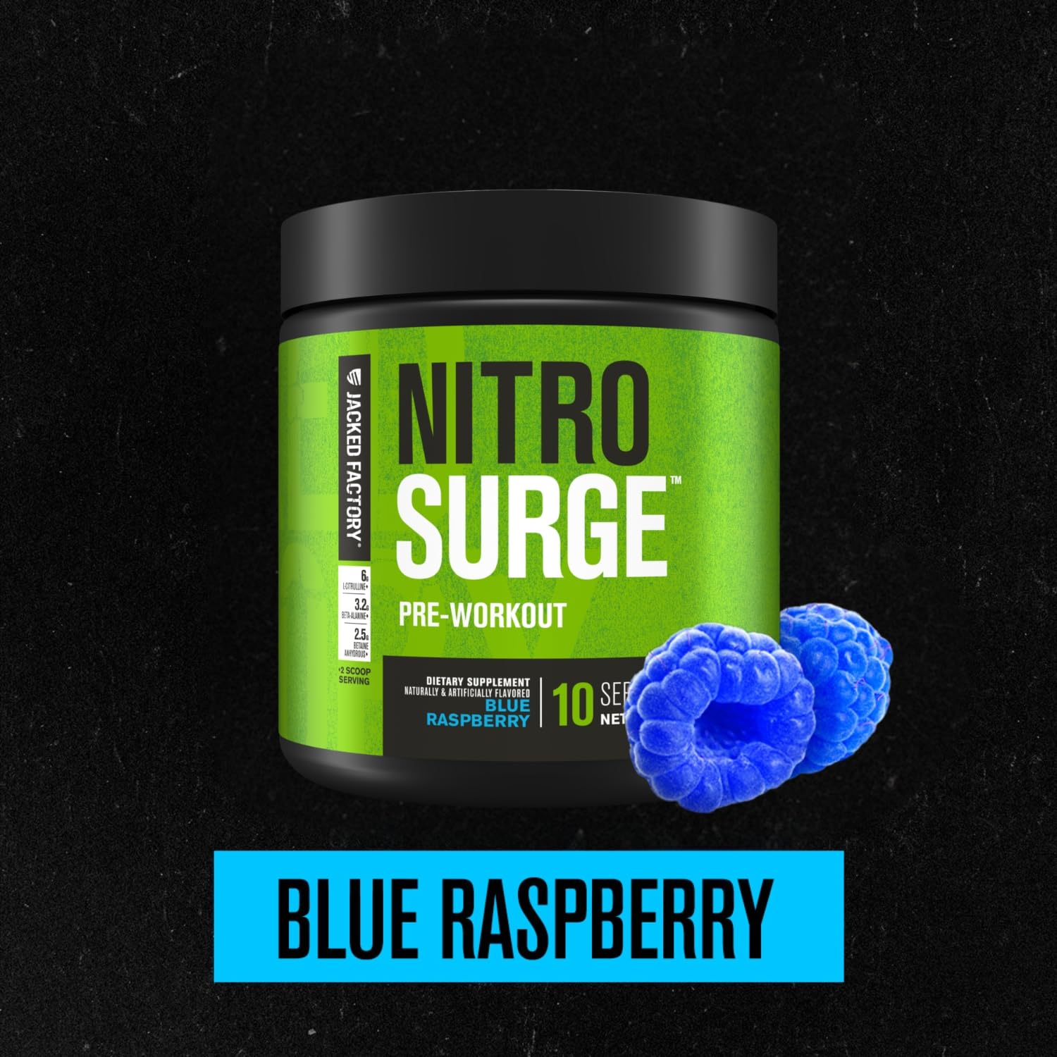 Jacked Factory NITROSURGE Pre Workout Supplement - Endless Energy, Instant Strength Gains, Clear Focus, Intense Pumps - NO Booster & Preworkout Powder with Beta Alanine - 10 Servings, Blue Raspberry — Amazon image 2