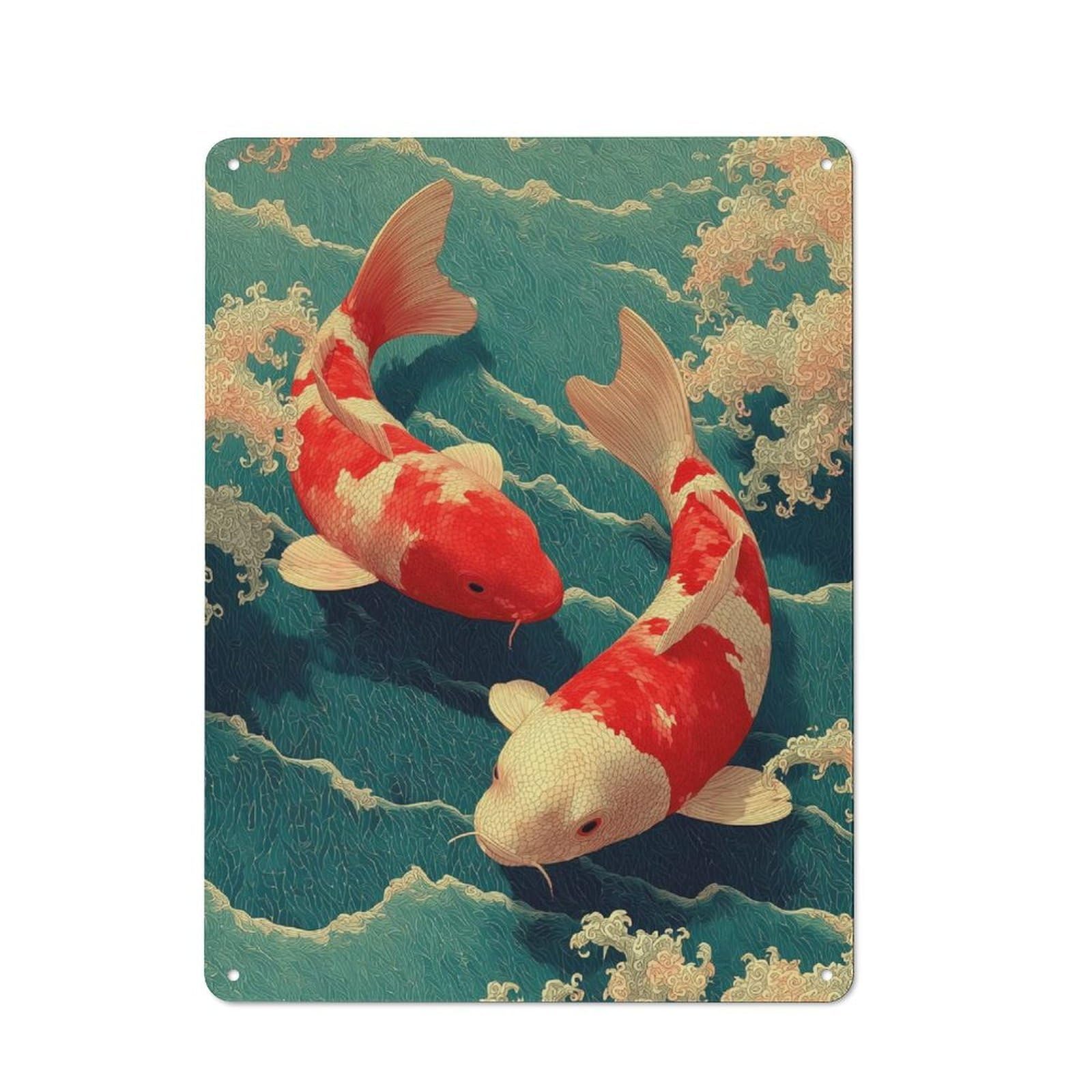 Junmoney Two Koi Fish In Water Painting Tin Wall Plaque 40X30cm With For Hallway Wall, With Clear Retro Wall Decor Character