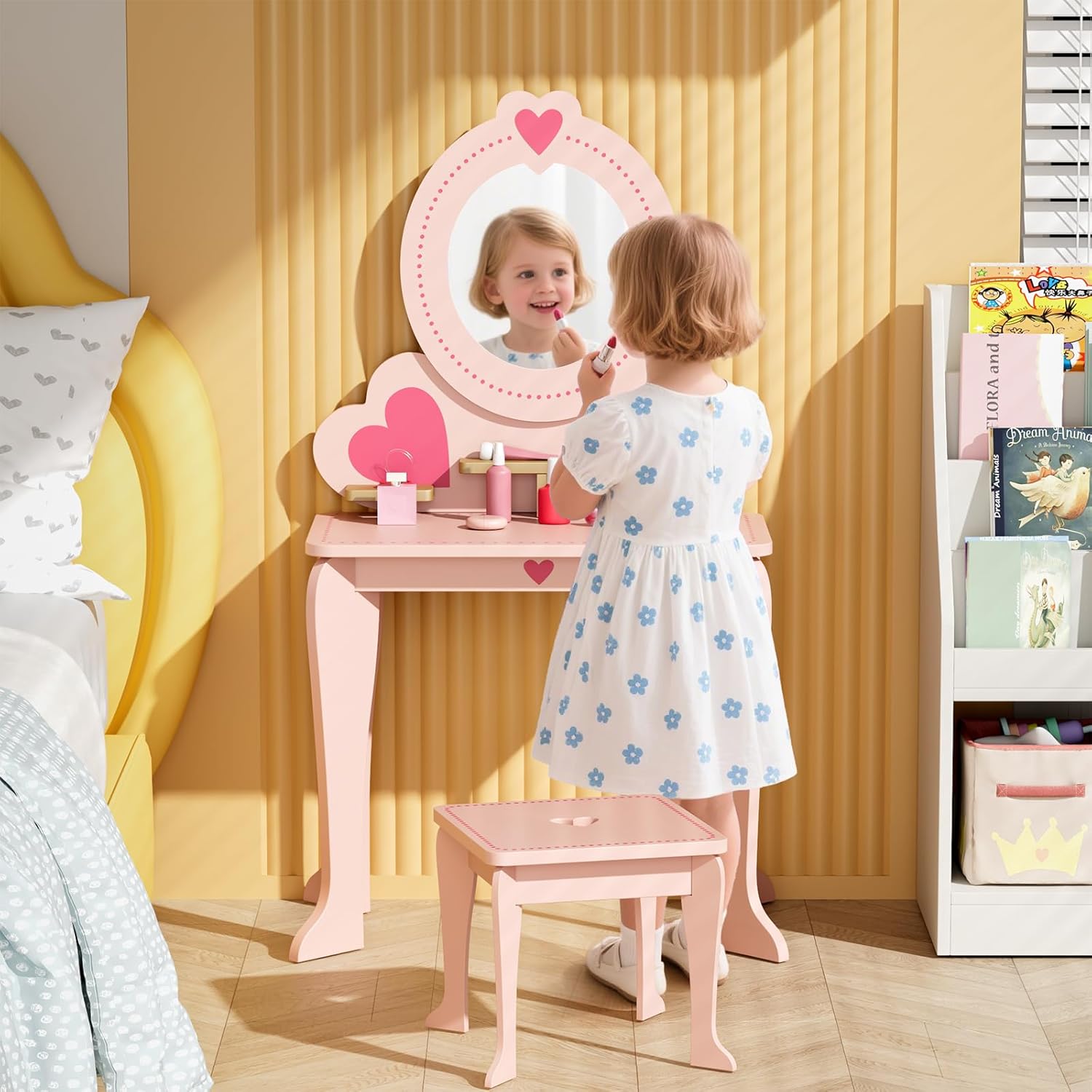 Arlopu Kids Vanity Table and Chair Set, Toddler Pretend Play Dressing Makeup Table with 8 Pcs Accessories, Open Shelves, Mirror&Stool, 2-in-1 Convertible Princess Wooden Toys for Little Girls (Pink)