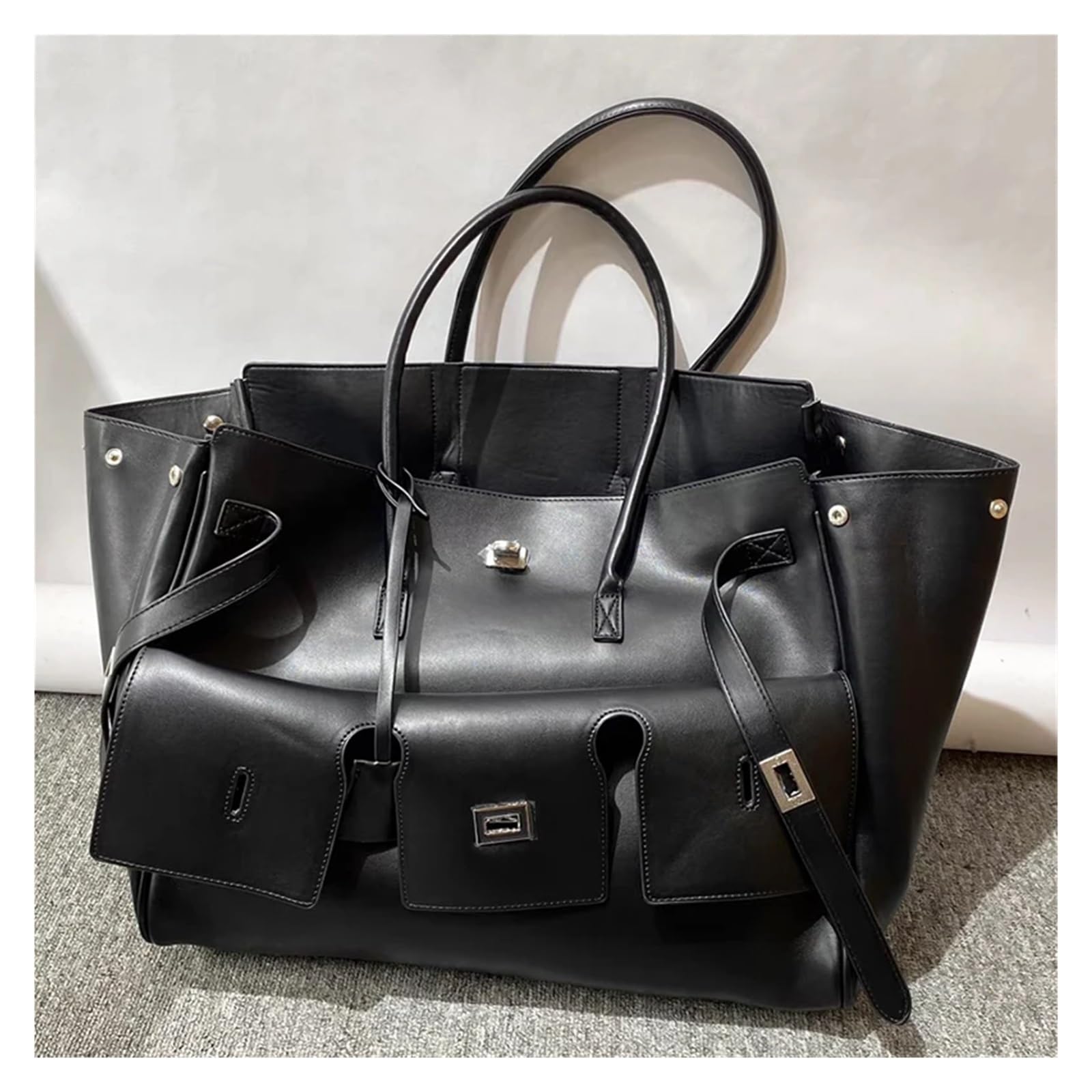 Borse da Donna Borsa a tracolla grande capacità in pelle scamosciata nera con chiusura in argento e oro, alla moda