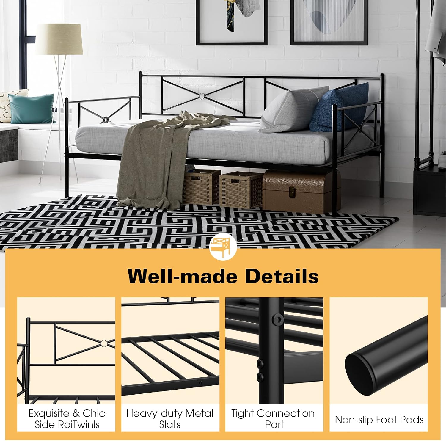 Giantex Twin Daybed Frame, Metal Sofa Single Bed Frame w/Metal Slat Support & Stylish Headboard, No Box Spring Needed, Multifunctional Platform Bed for Living Room Guest Room, Black