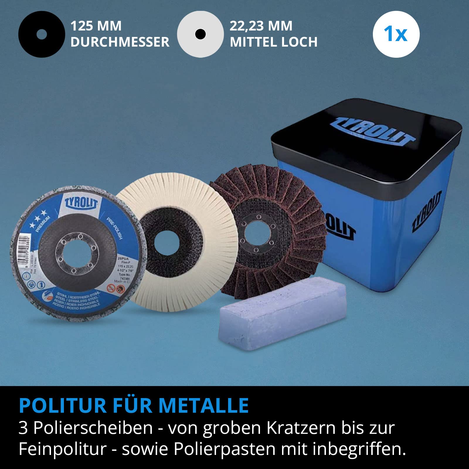 Tyrolit Polierset für Winkelschleifer 125 mm x 105 x 22,23mm I verschiedene Polierscheiben mit 125mm Durchmesser I kein Zuschmieren, keine Belegung & optimale Wärmeverteilung I perfekter Spiegelglanz