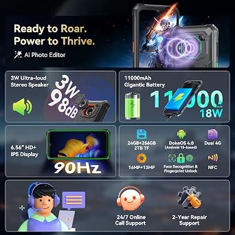 Blackview Rugged Phone BV6200Plus 98dB Super Speaker 11000mAh, 24GB+256GB/2TB Rugged Smartphone Unlocked, 6.56 HD+ 90Hz Waterproof Phone 2025 Android 15, NFC/Fingerprint/GPS/T-moblie/IP69K/3 Slots