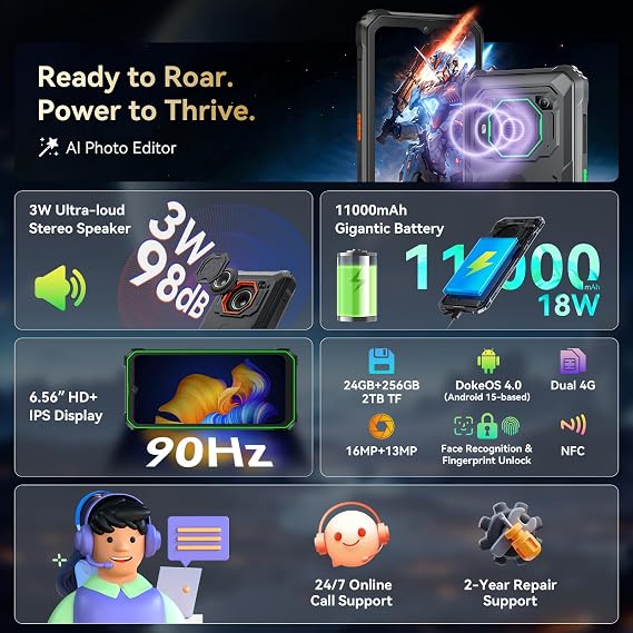 Blackview Rugged Phone BV6200Plus 98dB Super Speaker 11000mAh, 24GB+256GB/2TB Rugged Smartphone Unlocked, 6.56 HD+ 90Hz Waterproof Phone 2025 Android 15, NFC/Fingerprint/GPS/T-moblie/IP69K/3 Slots