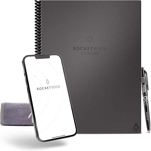 Rocketbook Fusion Reusable Digital Notebook - Smart Notepad A4 Grey, 7 Styles, To Do List, Daily Journal, Weekly & Monthly Planner with Frixion Erasable Pen, Office Gadget Reduces Paper Waste