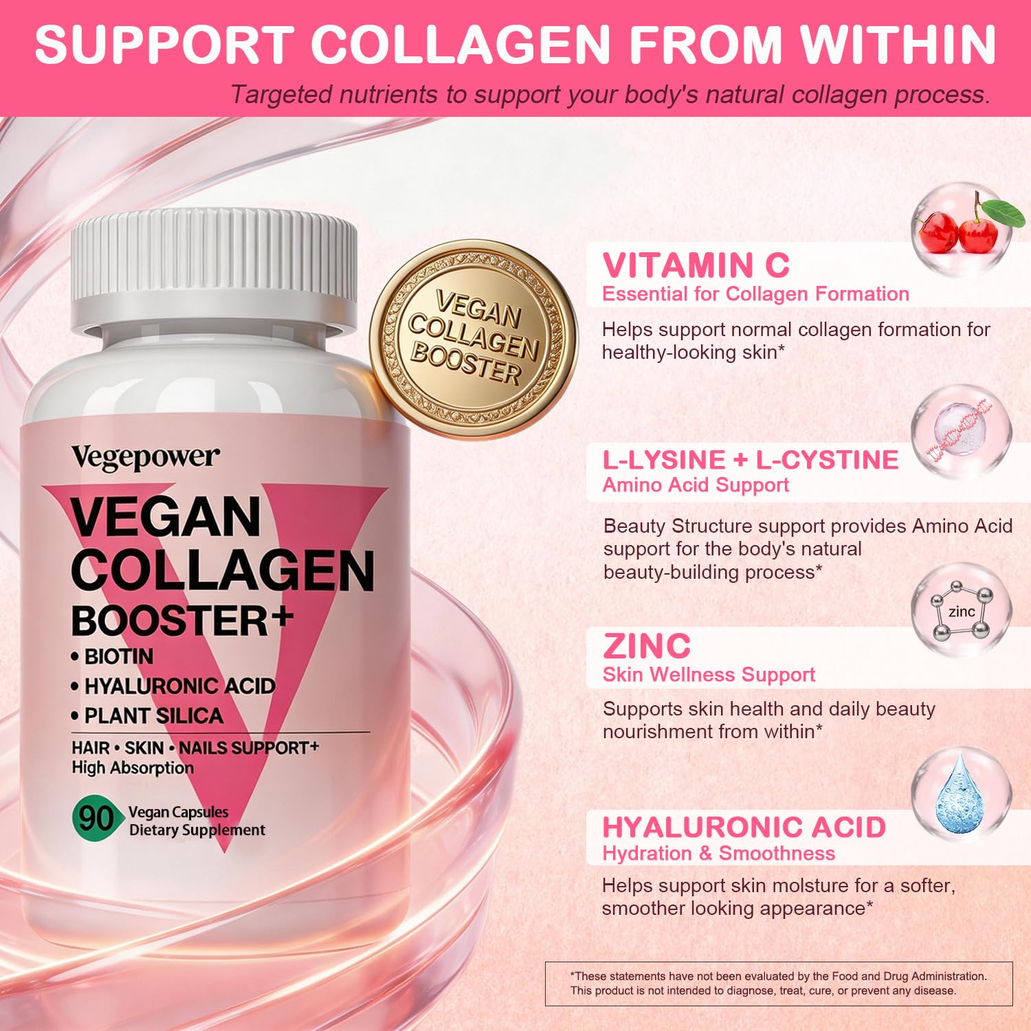 Vegan Collagen Booster with Biotin 10,000 mcg, Hyaluronic Acid, Bamboo Silica, Vitamin C & Zinc, Plant Based Hair Skin & Nails Support for Women & Men, 90 Vegan Capsules — Amazon image 2