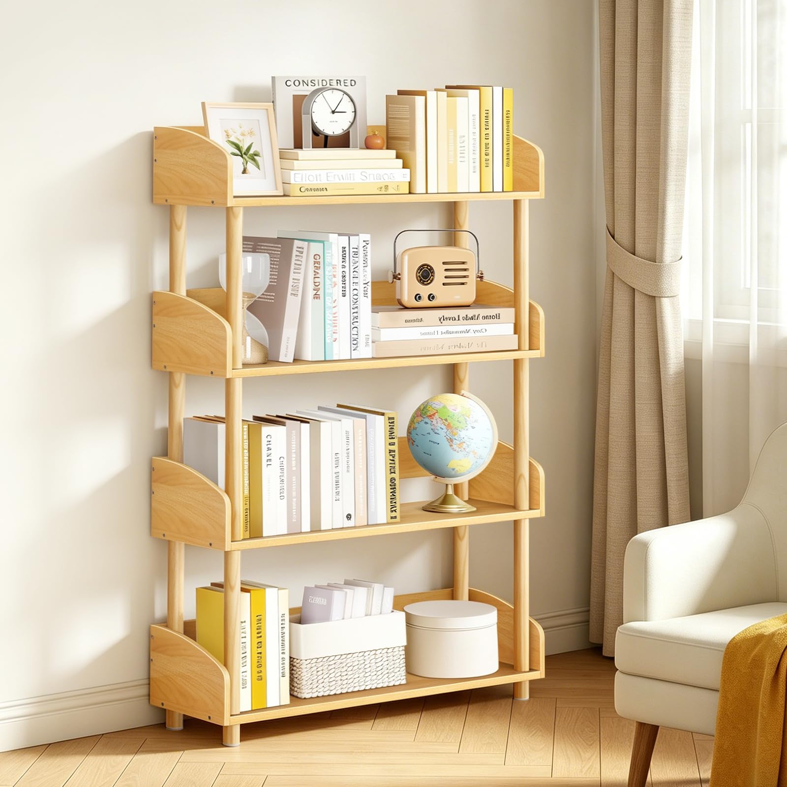 Étagère Bibliothèque 4 Niveaux, Étagère Ouverte Verticale, Meuble de Rangement Autoportant en Bois Massif pour Salon, Chambre et Chambre d’Enfant, Bois Naturel
