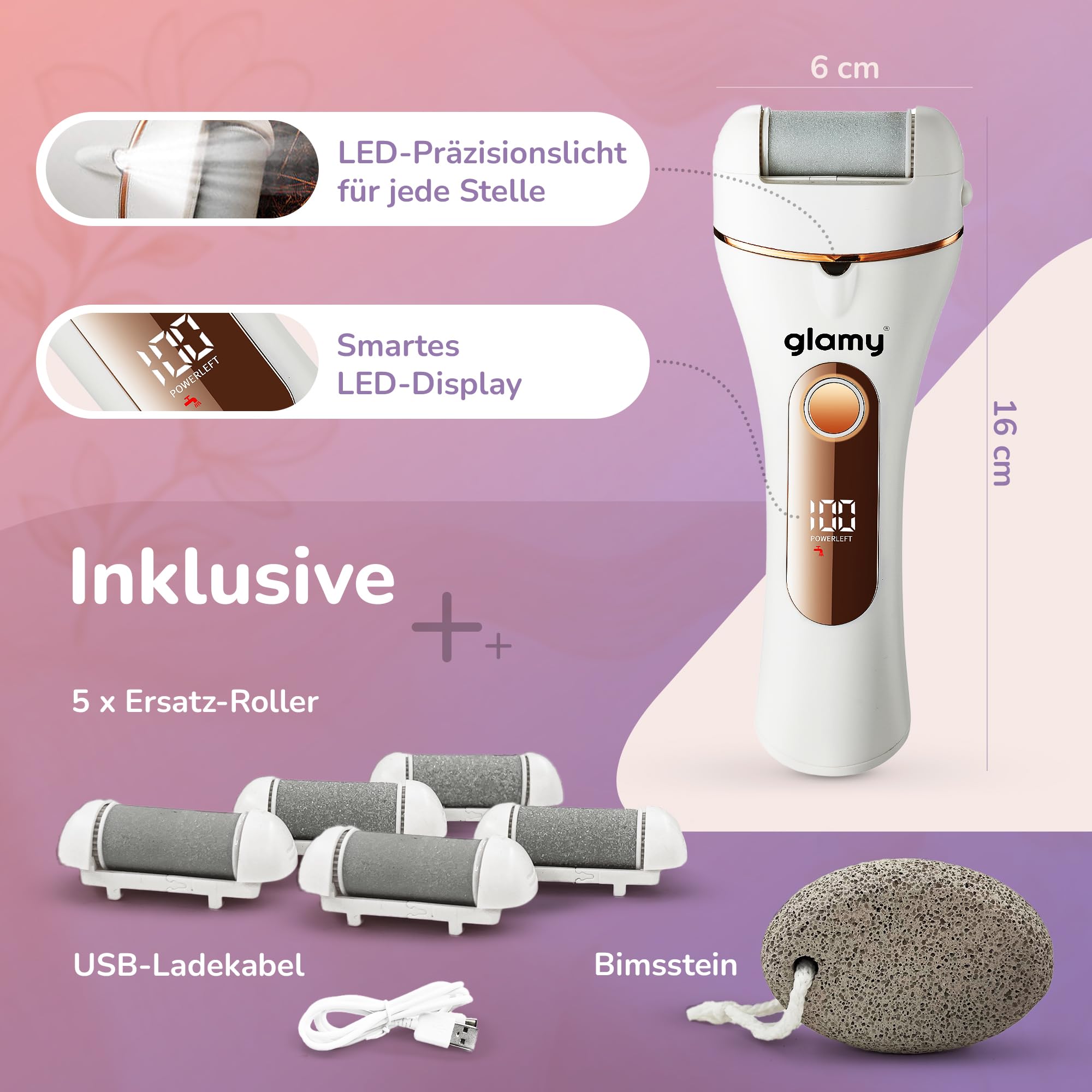 Elektrischer Hornhautentferner mit 5 Ersatzrollen, IPX6 wasserdicht, LED-Licht, 2 Stufen & Druck-Stopp, USB-C wiederaufladbar, inkl. Bimsstein