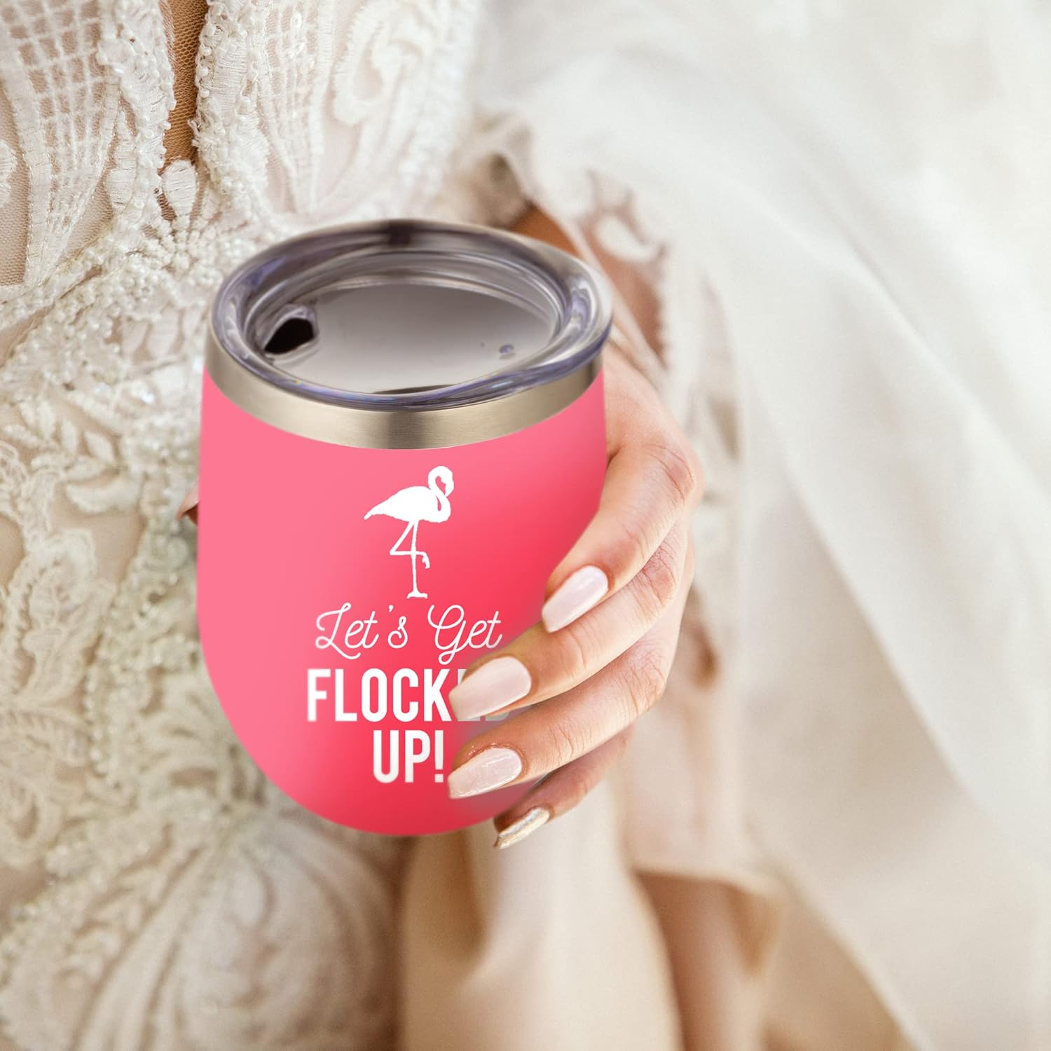 Let's Get Flocked Up Flamingo Wine Tumbler, 12oz - Pink Insulated Cup with Lid and Straw for Birthdays, Bachelorette Parties, and Bridal Showers - Pink Flamingo Gifts For Women - Image 6