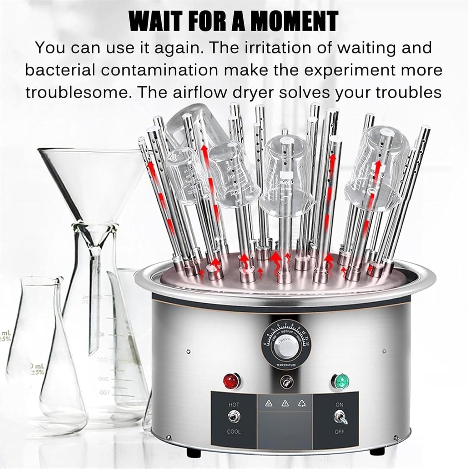 Drying Rack,Countertop Draining Dryer Stand w/20pcs Drying Pipes, for Glass Test Tubes and Beakers, Stainless Steel Drying Machine Lab Cleaning