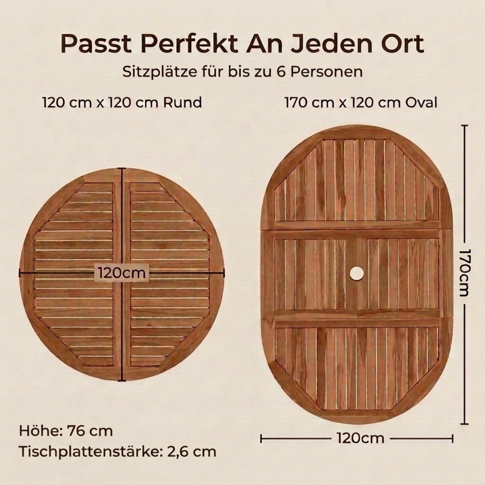 SAM Premium Gartentisch ausziehbar Borneo, runder Garten Tisch aus Teakholz 120-170 x 120 cm, oval ausziehbar, wetterfester Terrassentisch mit Schirmloch, Holztisch für Garten und Terrasse