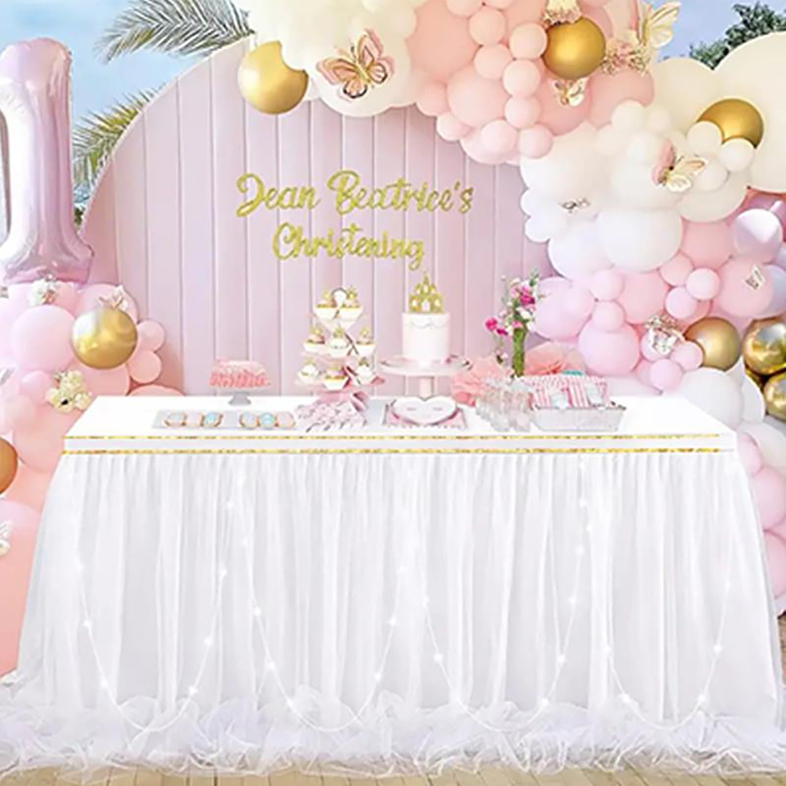 Biała tiulowa spódnica stołowa 420 x 75 cm – obrus tutu z falbanką na baby shower, urodziny, ślub, stół deserowy, artykuły Ele Par