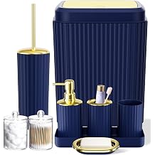 XLHOMO 9PCS Navy Blue Bathroom Sets with Trash Can, Bathroom Accessories Complete Vanity Tray, Soap Dispenser, Soap Dish, Toothbrush Holder, Toothbrush Cup, Toilet Brush and Qtip Holders