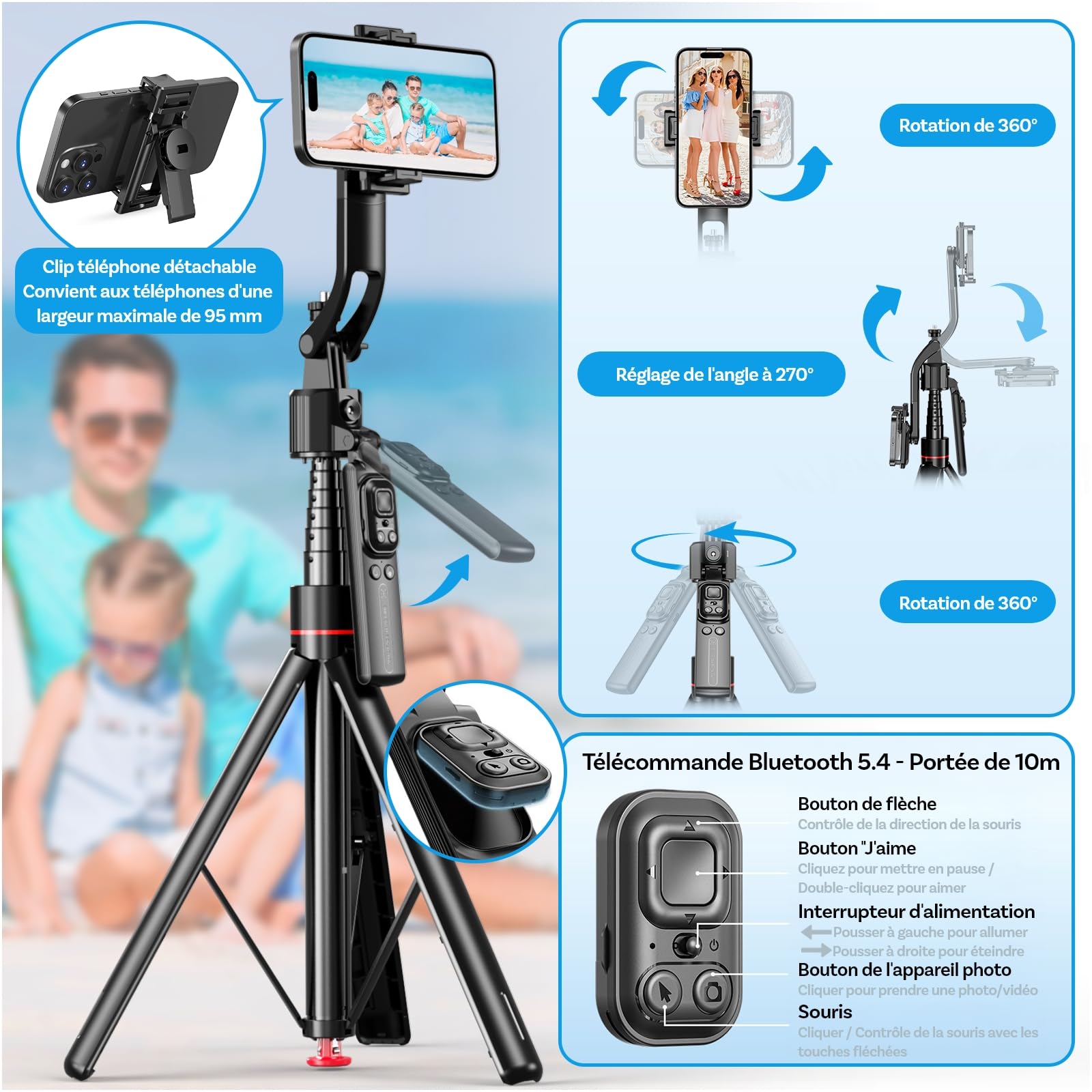 Trépied Selfie Stick avec Suivi du Visage 360° AI par MMOBIEL - Contrôle Gestuel, Télécommande Snap-Out, Bluetooth 5.4, Perche Extensible 1,76m, Trépied Auto-Ouverture pour iPhone, Android, GoPro