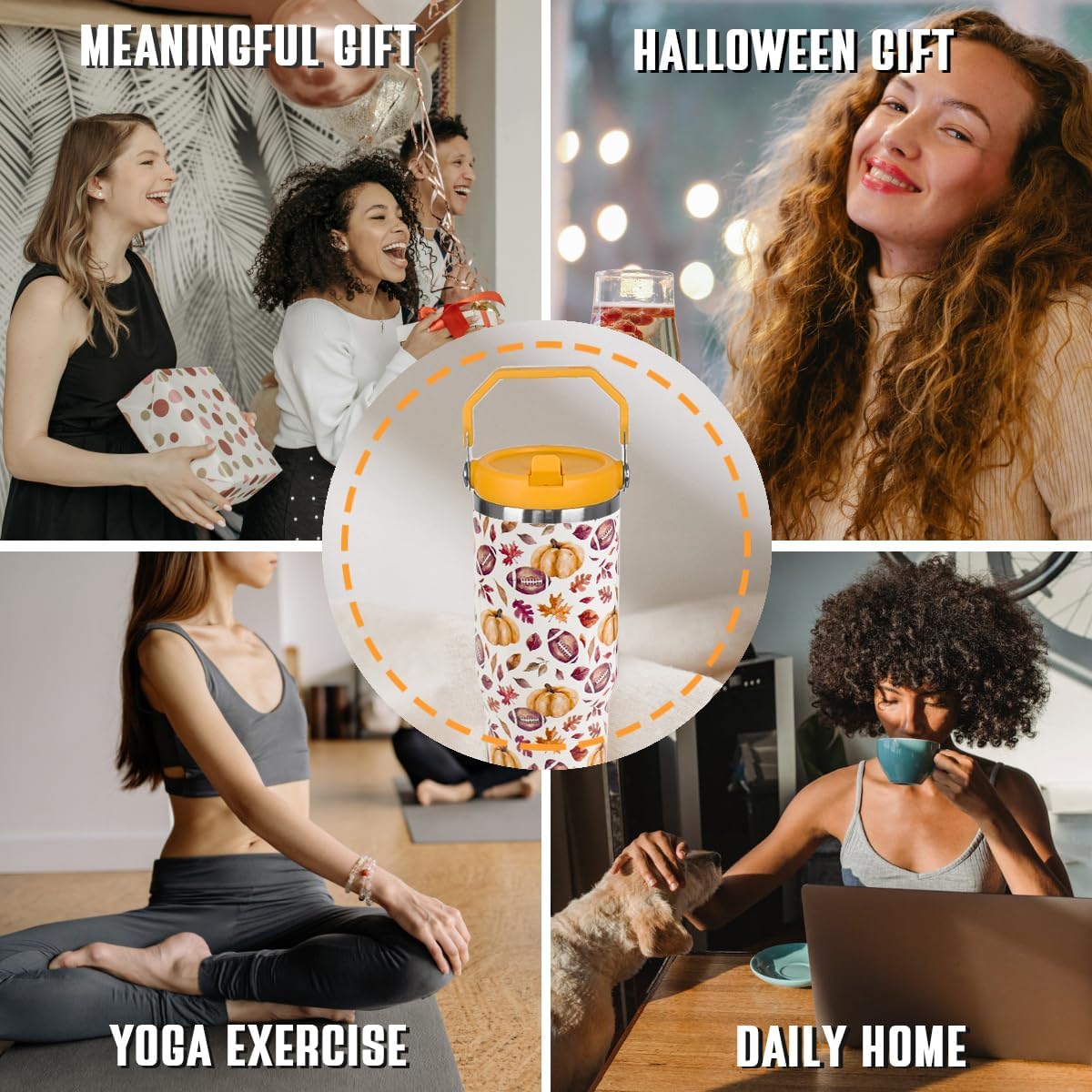 Fall Tumbler with Handle and Straw Pumpkin Autumn Leaves Football Tumbler Insulated Stainless Steel Cup Vintage Coffee Travel Mug Fall Gifts Decor-30 oz(1PCS) - Image 7