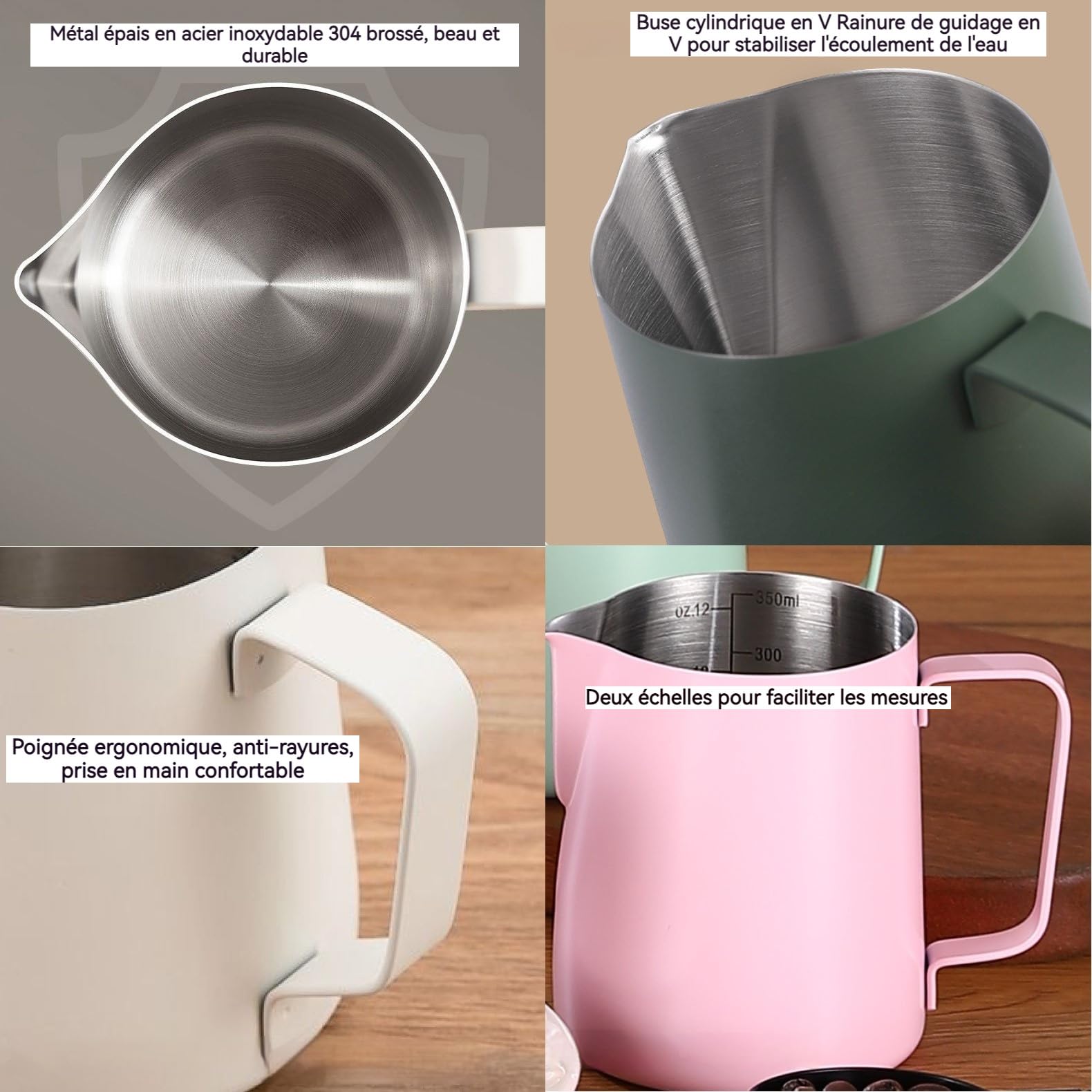 Pot à Lait Barista en Acier Inoxydable de 350 ml Avec Mesure Mark 12oz, Pot à Mousse de Lait avec Saupoudreur de Cacao, 16 Pochoirs et Stylo pour Cappuccino et Expresso,Blanc