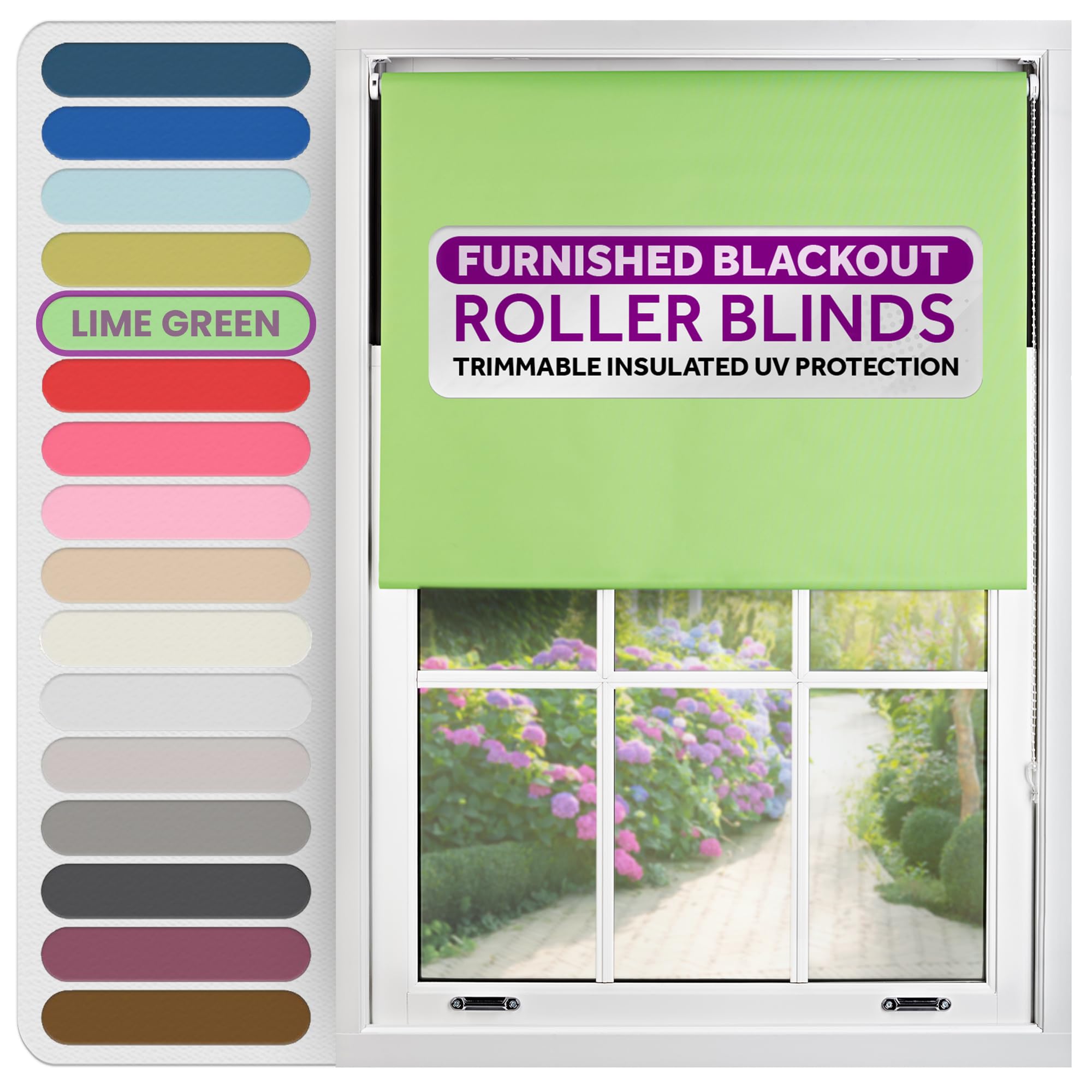 FURNISHED Roller Blinds Thermal Blackout Roller Blind - Trimmable Insulated UV Protection Child Safe Easy Fit Home Office Window Blinds, Lime Green, 50 cm Wide x 165 cm Long