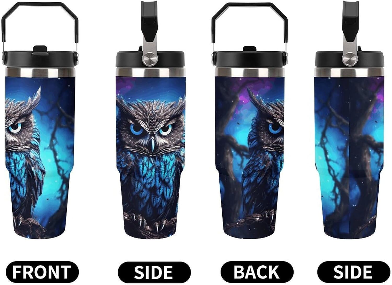 Blue Owl2 Water Bottle 30 Oz Fits Car Cup Holder,Insulated Coffee Mug Large Capacity Car Cups,Stainless Steel Double Wall Sport Bottle for Travel Sports Gym